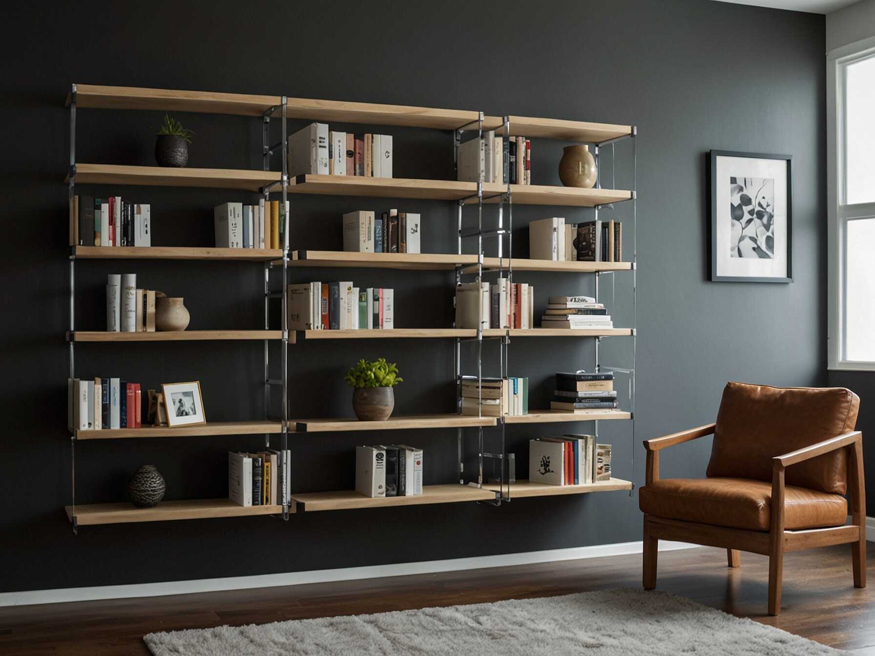 Install wall-mounted bookshelves to save space and give your library a modern look. These shelves are great for displaying your books and keeping everything organized.  