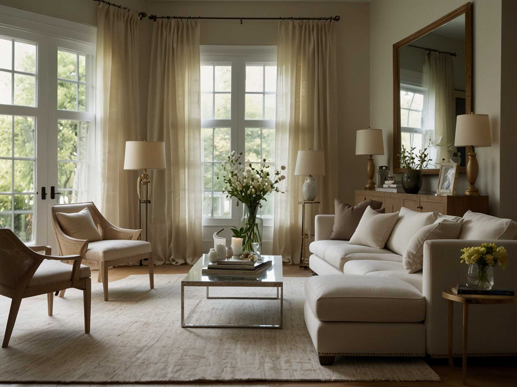 Bring in natural light to create a bright and inviting living room. Use sheer curtains and light-colored furniture to enhance the airy feel. Add mirrors to reflect light and make the space feel larger.  