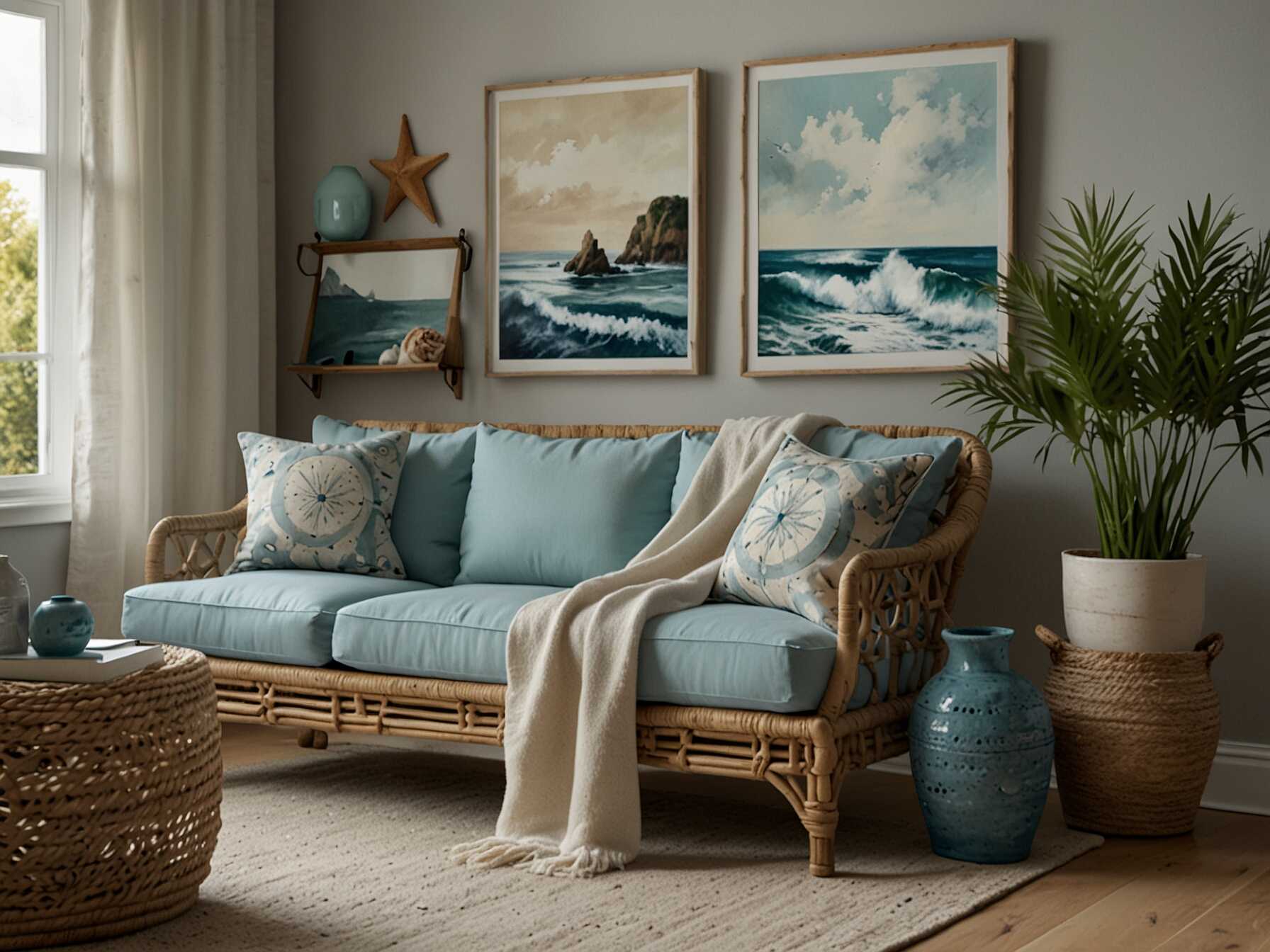 Create a coastal vibe with light blues and whites. Use natural materials like rattan and jute. Add some coastal decor, like seashells or nautical-themed artwork.  