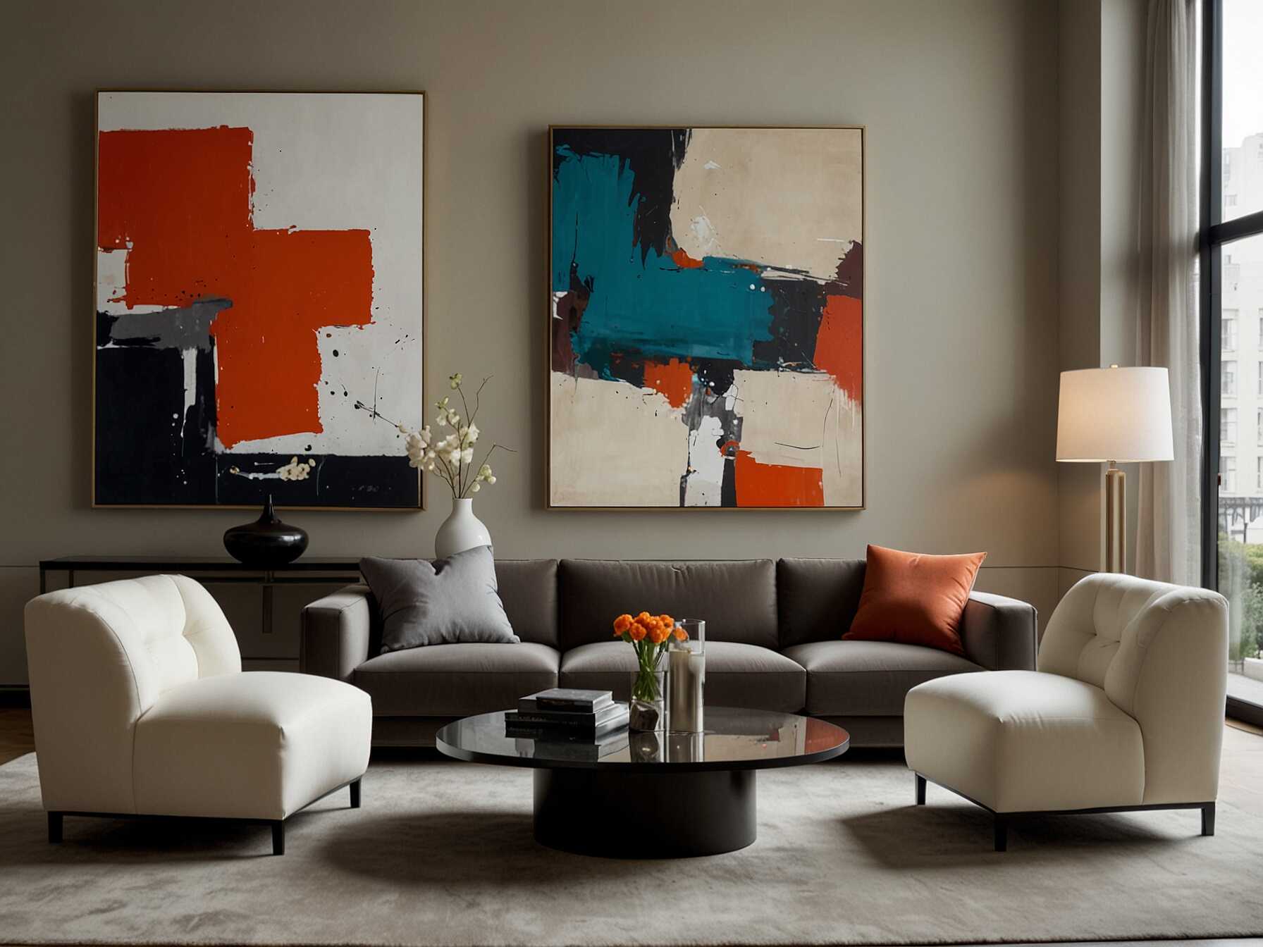 Choose contemporary furniture with clean lines for a sleek look. Use a neutral color scheme and add pops of color with accessories. Incorporate some large, modern artwork.  