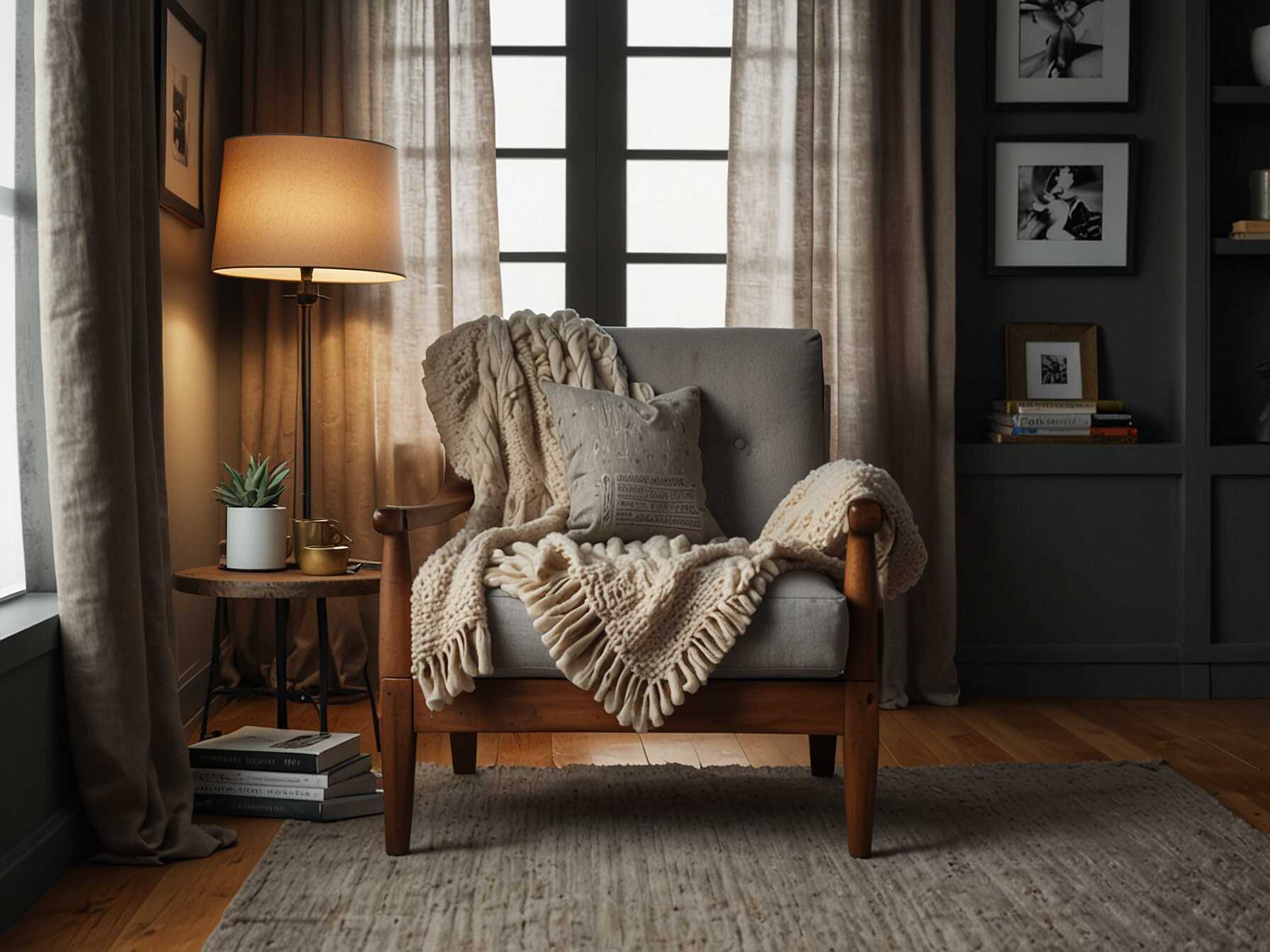 Create a cozy nook in your living room. Use a comfortable armchair, a small side table, and a soft throw blanket. Add some pillows to make it the perfect spot for reading or relaxing.  