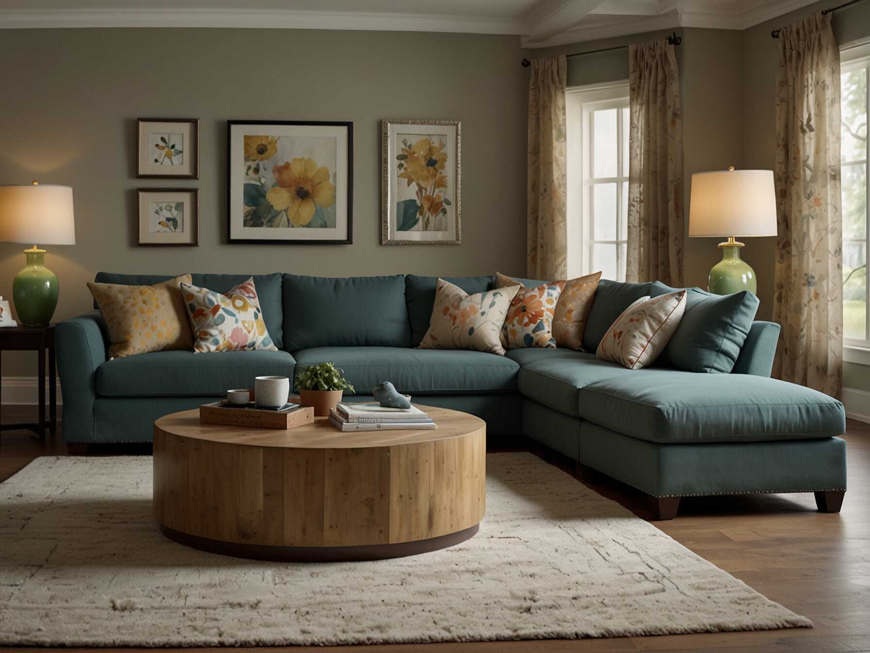 Design a family-friendly living room with durable furniture and plenty of seating. Use soft colors and child-safe materials. Add some storage for toys and games.  