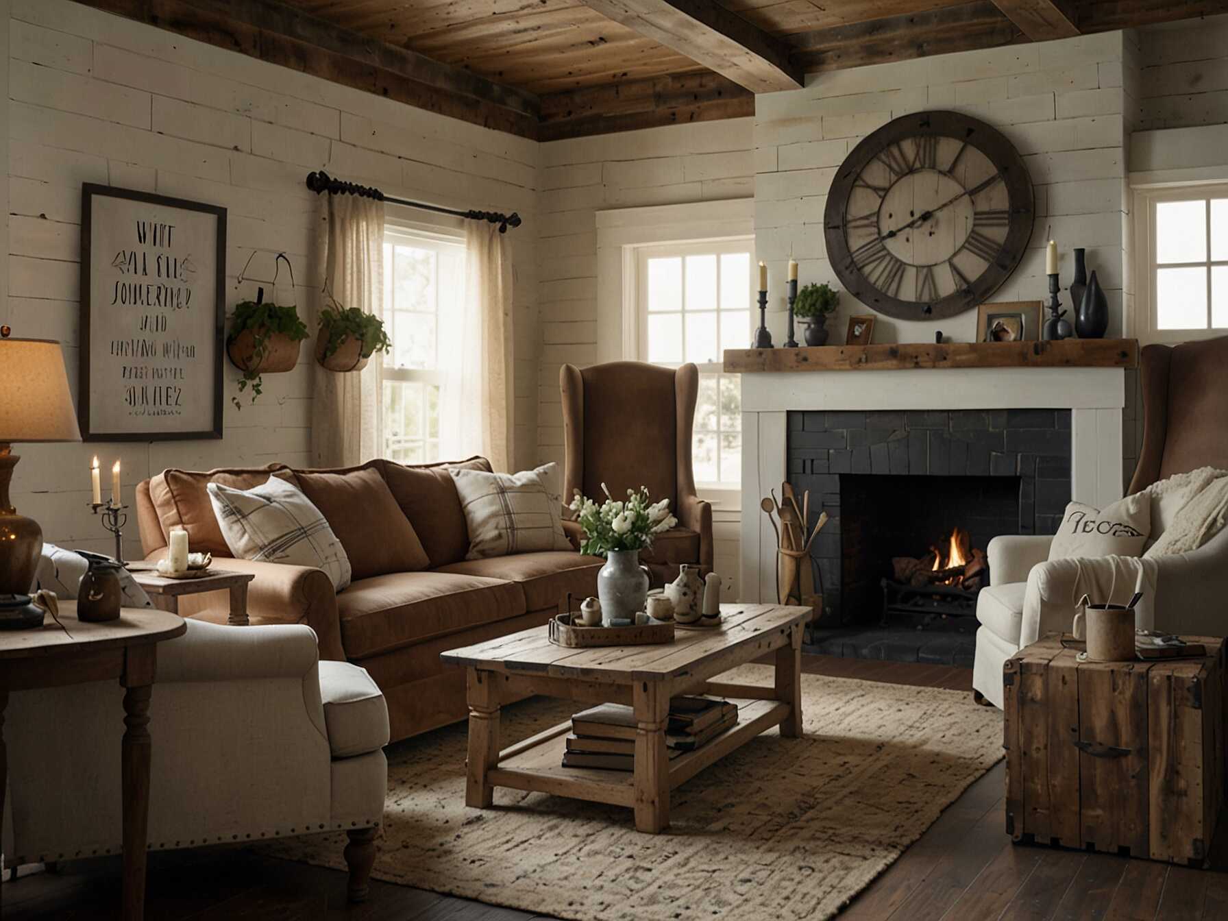 Create a farmhouse-style living room with shiplap walls and distressed wood furniture. Use neutral tones and add some cozy textiles. Include vintage decor for an authentic feel.  