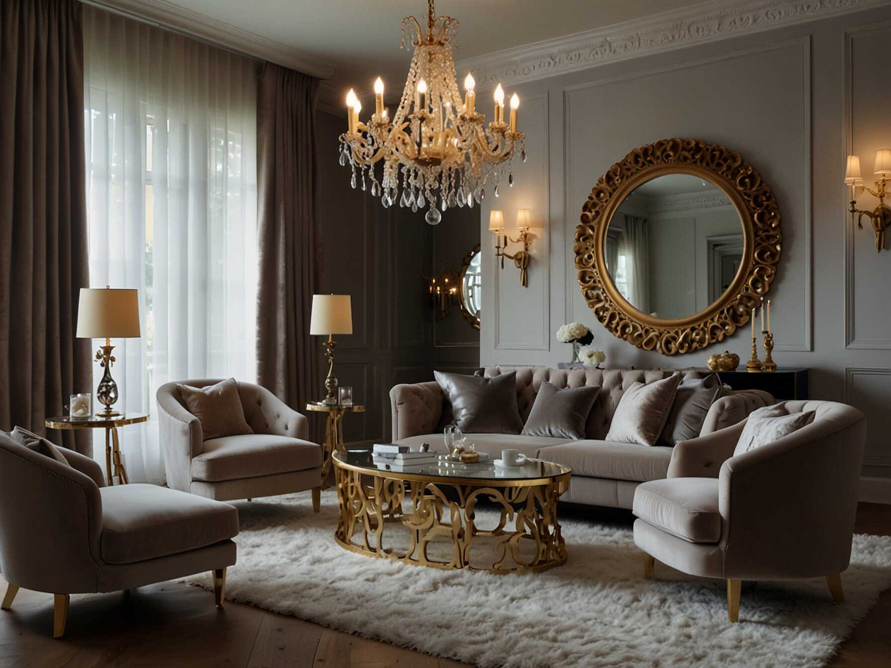 Opt for a glam look with luxurious fabrics like velvet. Use a neutral color palette with touches of gold or silver. Add a chandelier or some mirrored furniture for extra sparkle.  