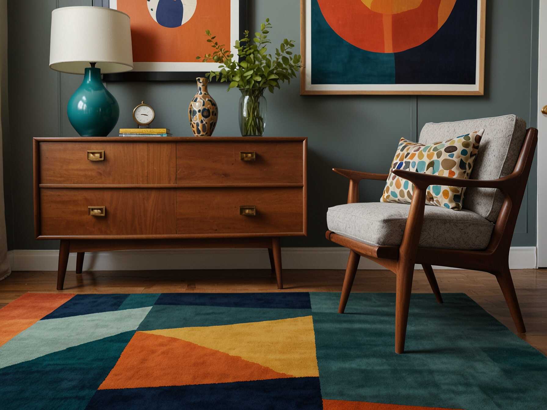 Embrace mid-century modern design with sleek furniture and bold colors. Use geometric patterns in rugs and pillows. Add some vintage accessories for authenticity.  