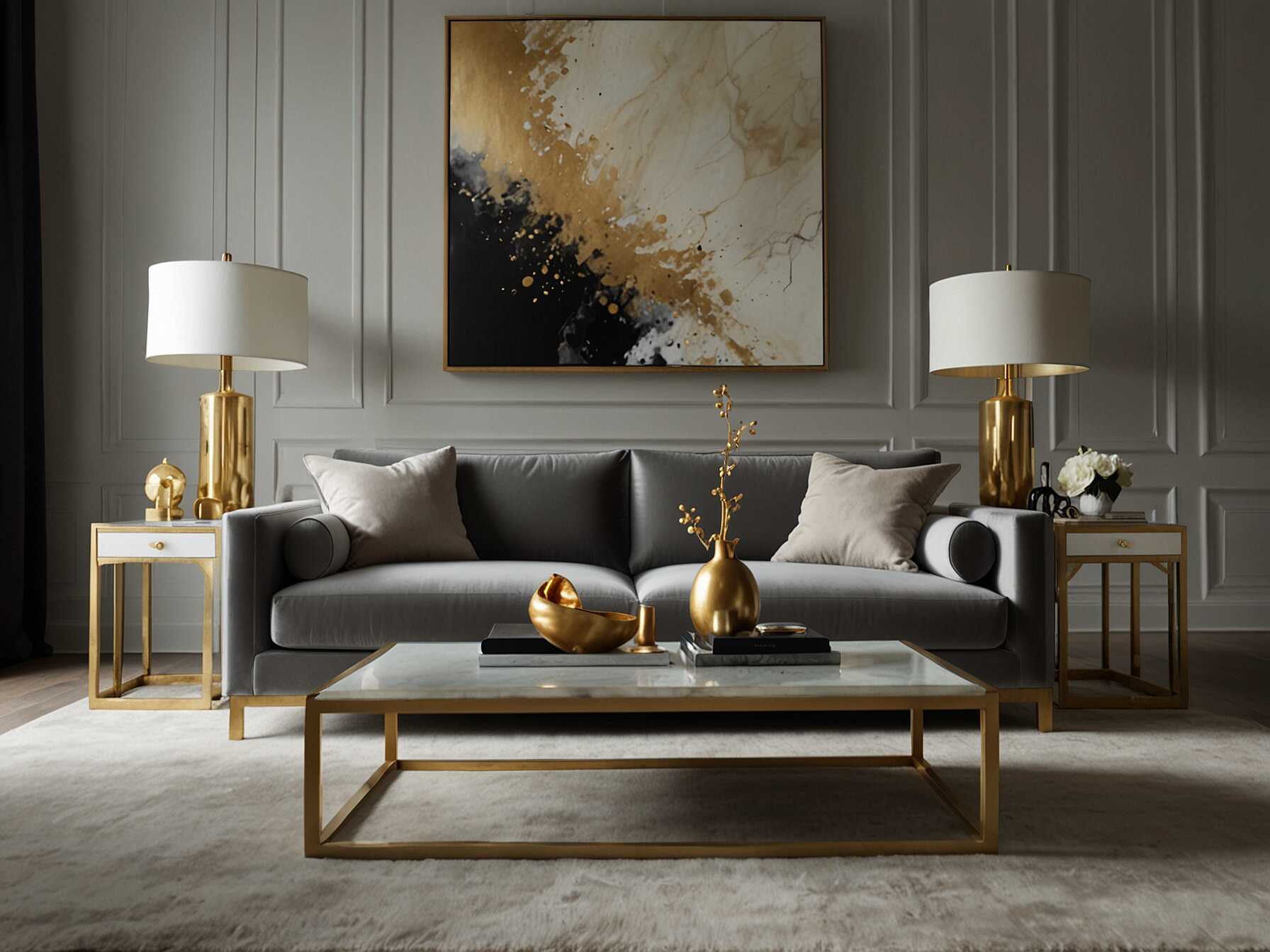 Choose sleek, modern furniture with clean lines. Stick to a monochromatic color scheme. Use metallic accents like gold or silver to add some glamour.  