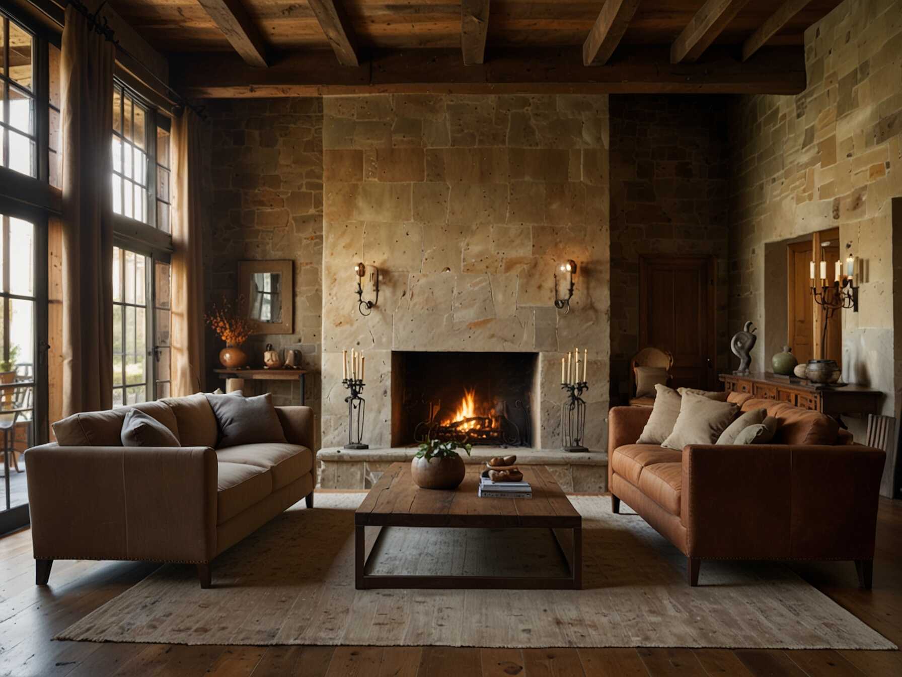 Incorporate rustic elements like wooden beams or a stone fireplace. Use warm, earthy colors. Add some antique furniture pieces to enhance the charm.  