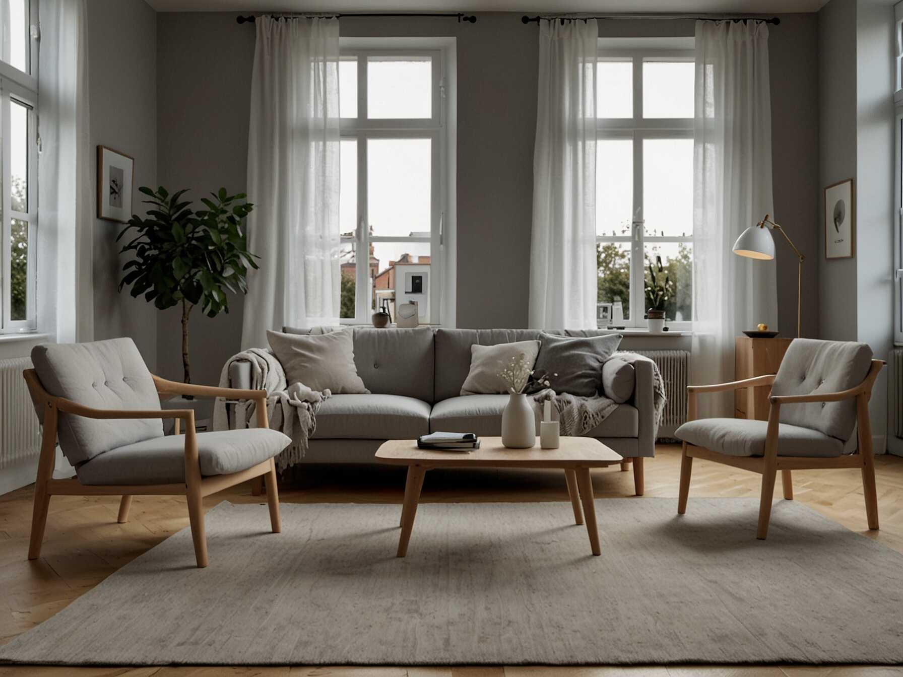 Adopt a Scandinavian design with functional furniture and simple decor. Use white and grey tones. Incorporate some natural wood elements for warmth.  