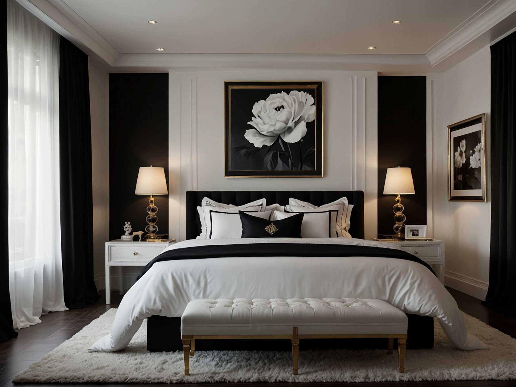 Opt for a classic black and white color scheme. This timeless look is both modern and elegant, and can make your bedroom feel sophisticated.  