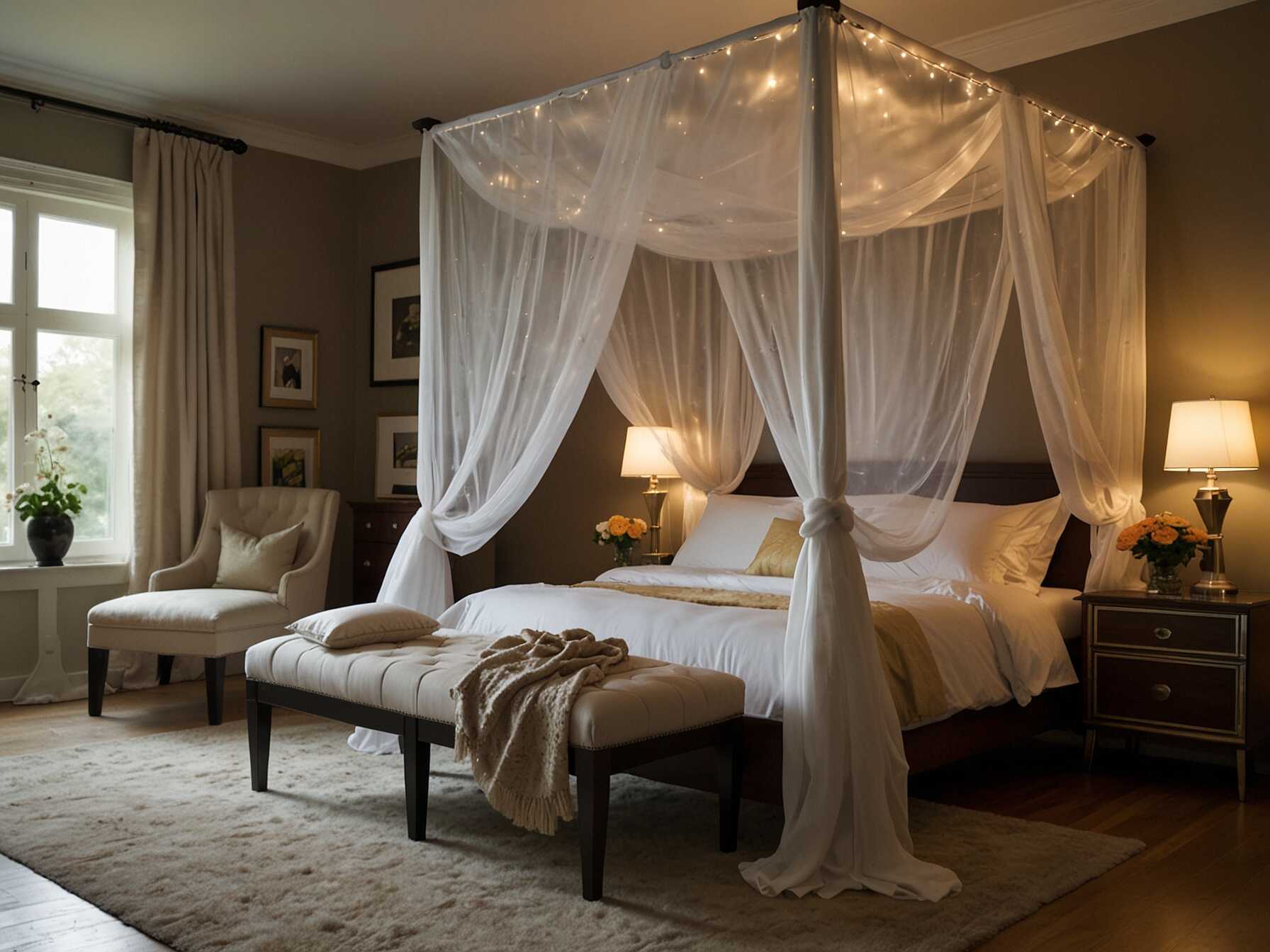 Add a canopy to your bed for a touch of romance and luxury. It can create a cozy, intimate space in your bedroom.  