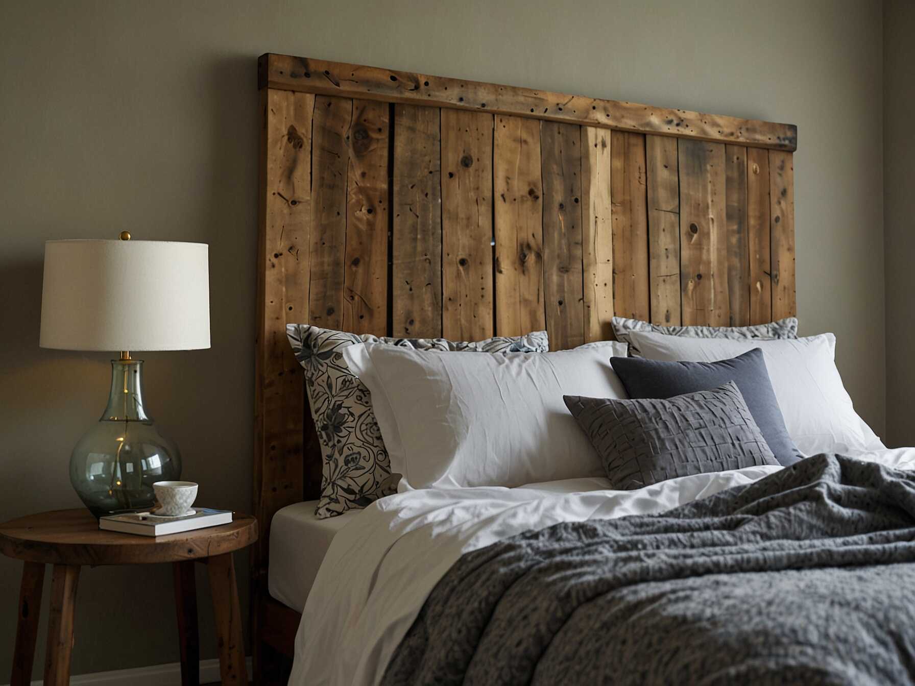 Make your own headboard using materials like reclaimed wood or fabric. A DIY headboard can be a fun project and bring a personal touch to your bedroom.  