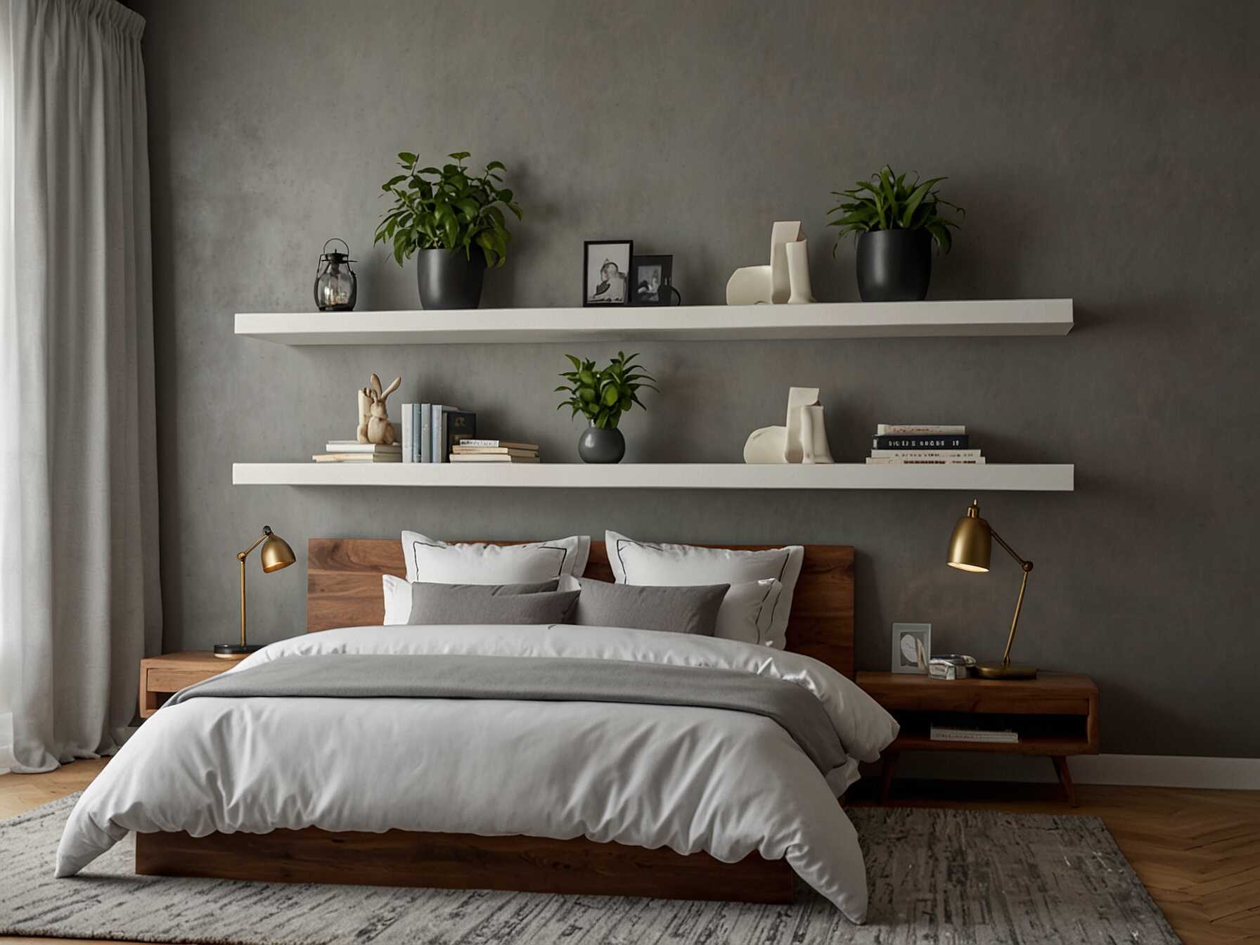 Install floating shelves to display books, plants, or decor items. These shelves save floor space and add a modern touch to your bedroom.  