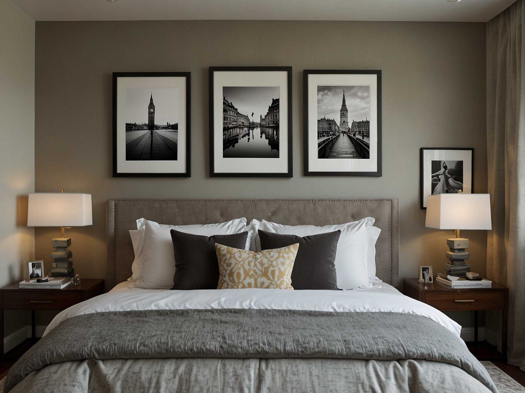 Create a gallery wall with your favorite photos, art prints, or posters. This personalized touch can make your bedroom feel uniquely yours and add visual interest.  