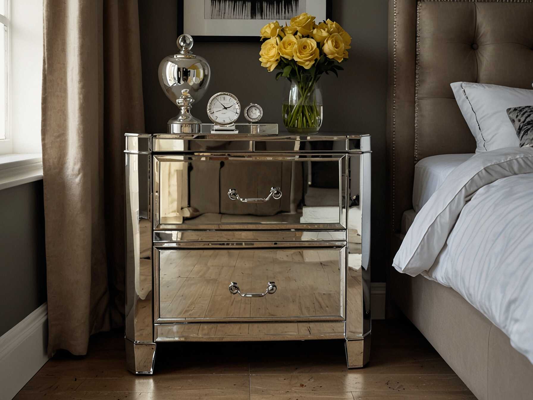 Use mirrored furniture like a dresser or bedside table to reflect light and make your bedroom appear larger. It also adds a chic, stylish look.  