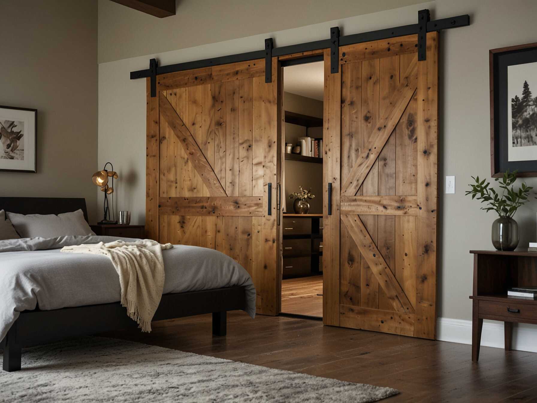 Install a sliding barn door for your bedroom. It’s a stylish design element and saves space compared to a traditional door.  