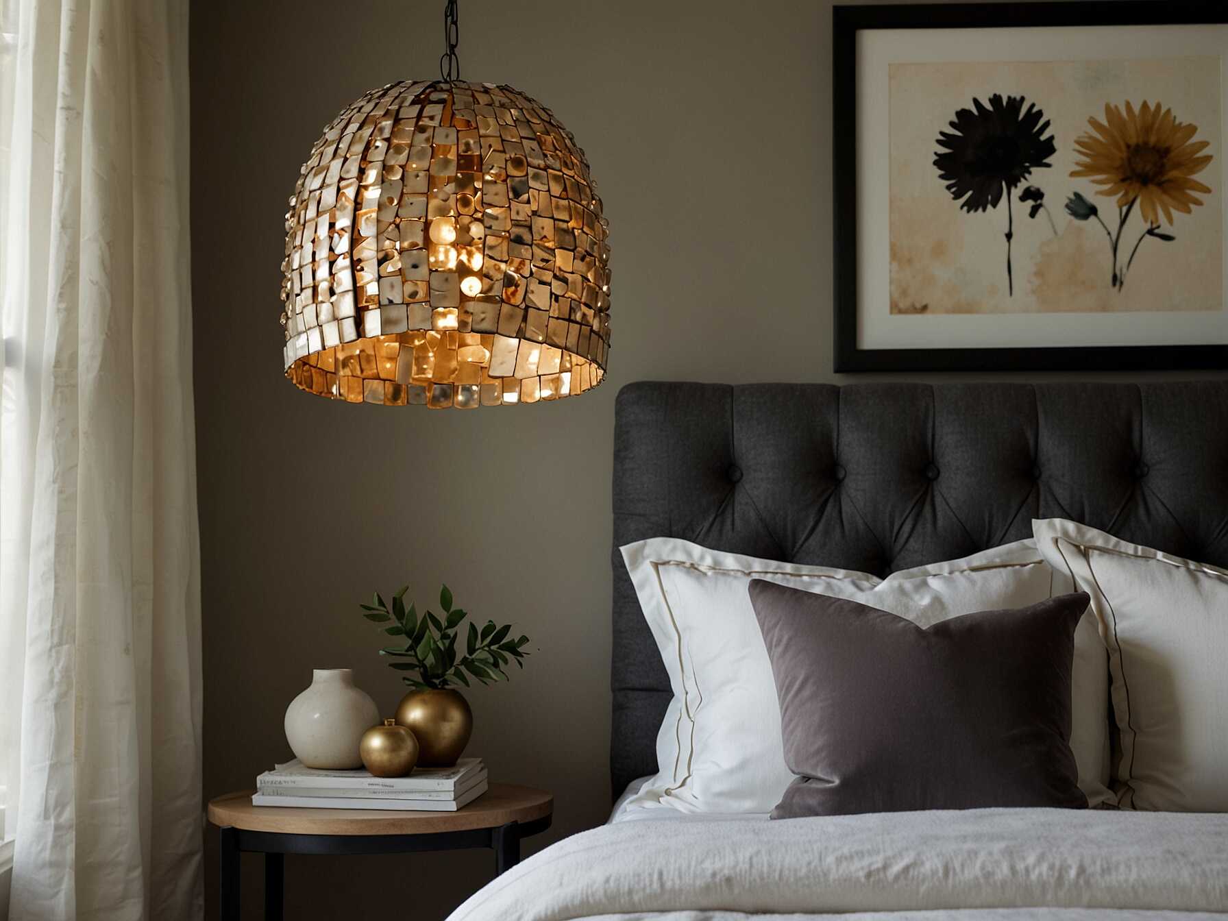 Install a statement light fixture, like a chandelier or unique pendant light. The right lighting can act as a focal point and elevate the overall look of your bedroom.  