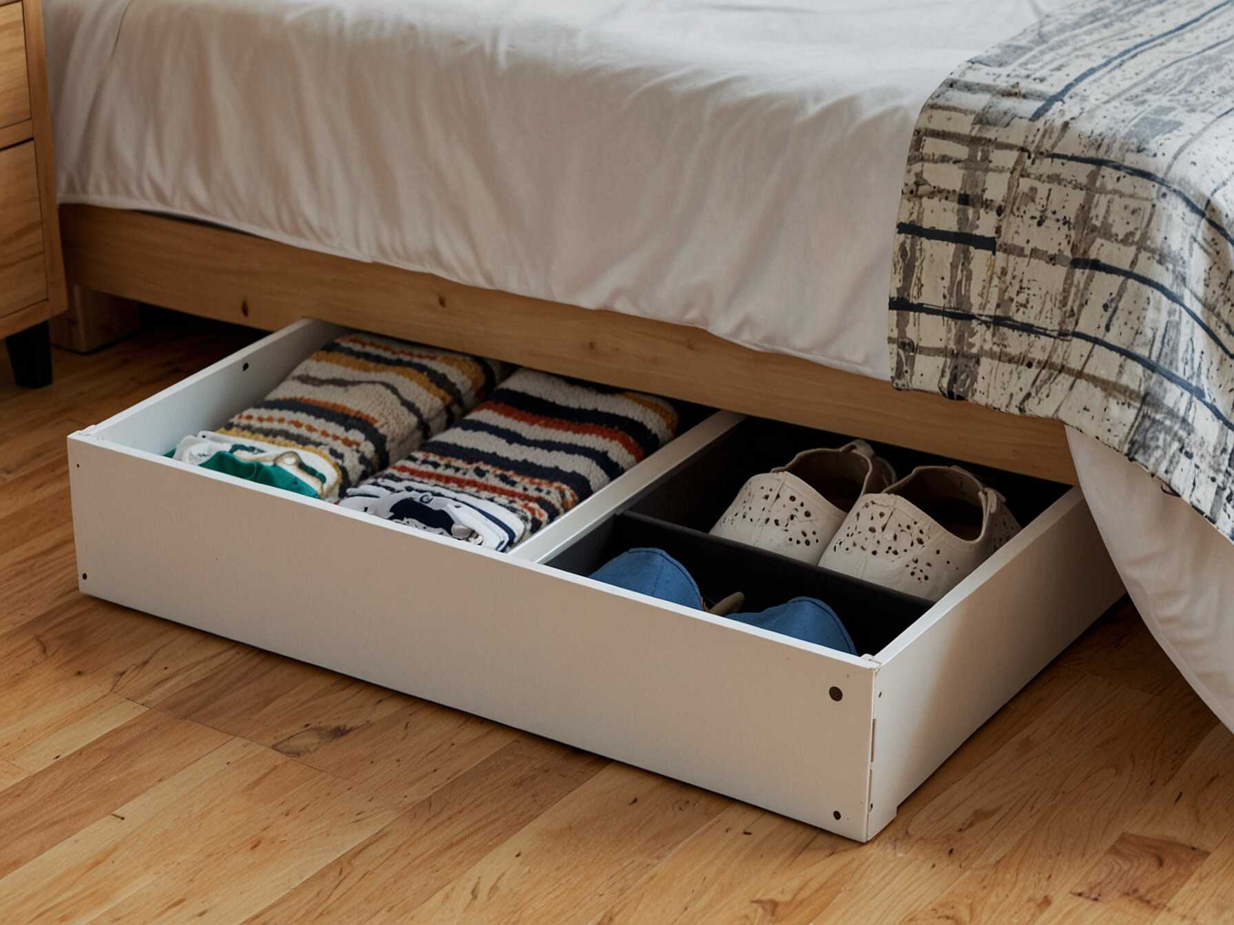 Use underbed storage boxes or drawers to keep your bedroom organized. This is a great way to save space and declutter your room.  