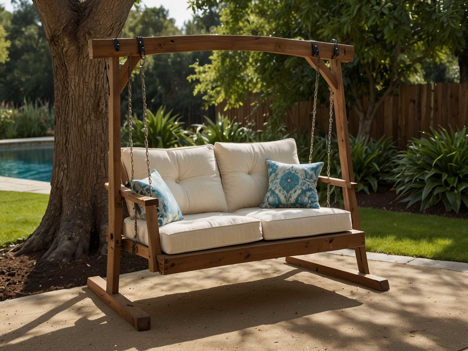 A garden swing adds fun and relaxation. Choose a swing that fits your space and style. Hang it from a sturdy tree or a strong frame.  Place your swing near the pool but in a shaded area. Add cushions for extra comfort. A swing is perfect for enjoying a gentle breeze.  