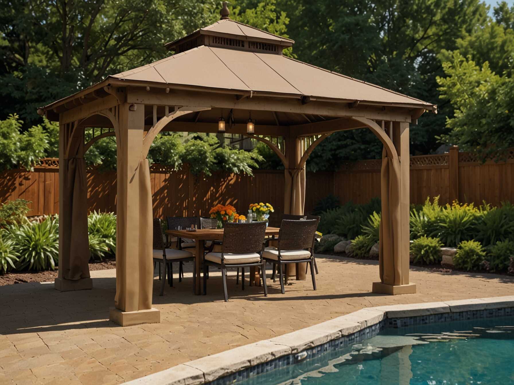 A gazebo offers shade and a stylish space. Use it for dining, relaxing, or entertaining. Choose a design that fits your backyard’s look.  Place your gazebo near the pool but not too close. You can add curtains or screens for privacy. This will create a more intimate space.  