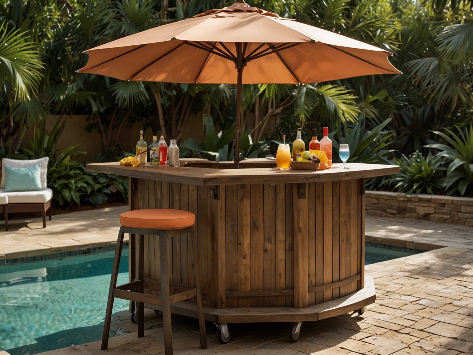 A poolside bar creates a fun and convenient spot. Use it for snacks, drinks, and socializing. Choose a small corner or a part of your patio.  You can use outdoor carts or build a permanent bar. Add stools, shelves, and a mini fridge for full effect. Decorate with tropical or beach-themed items.  