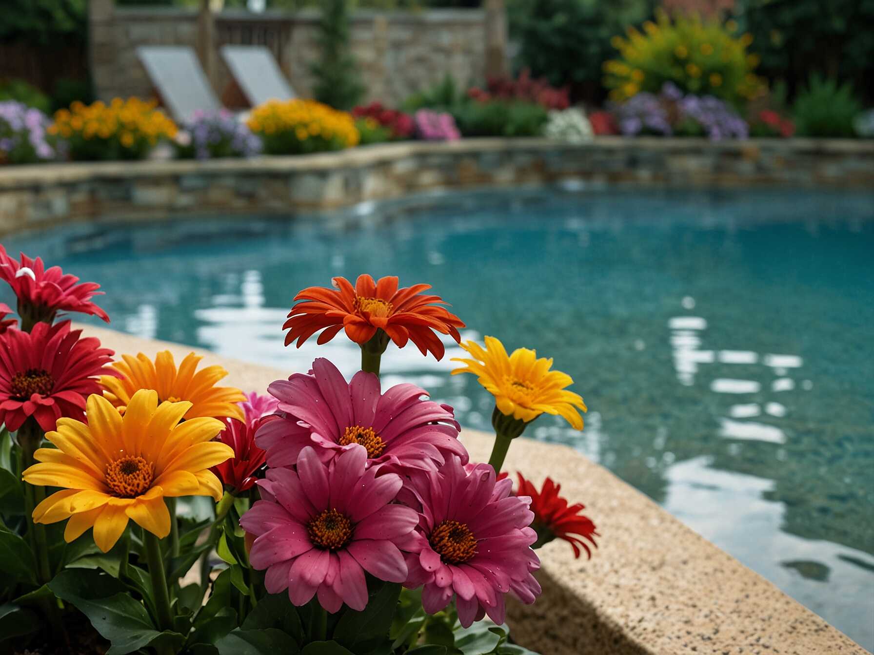 Bright flowers can add vibrant beauty around your swimming pool. Choose flowers that bloom all season long for continuous color. Use different heights and colors to create a dynamic look.  Place flower beds near the pool but not too close. This way, dirt and flowers won’t fall into the water. You can also add rocks or mulch to keep the area neat and clean.  