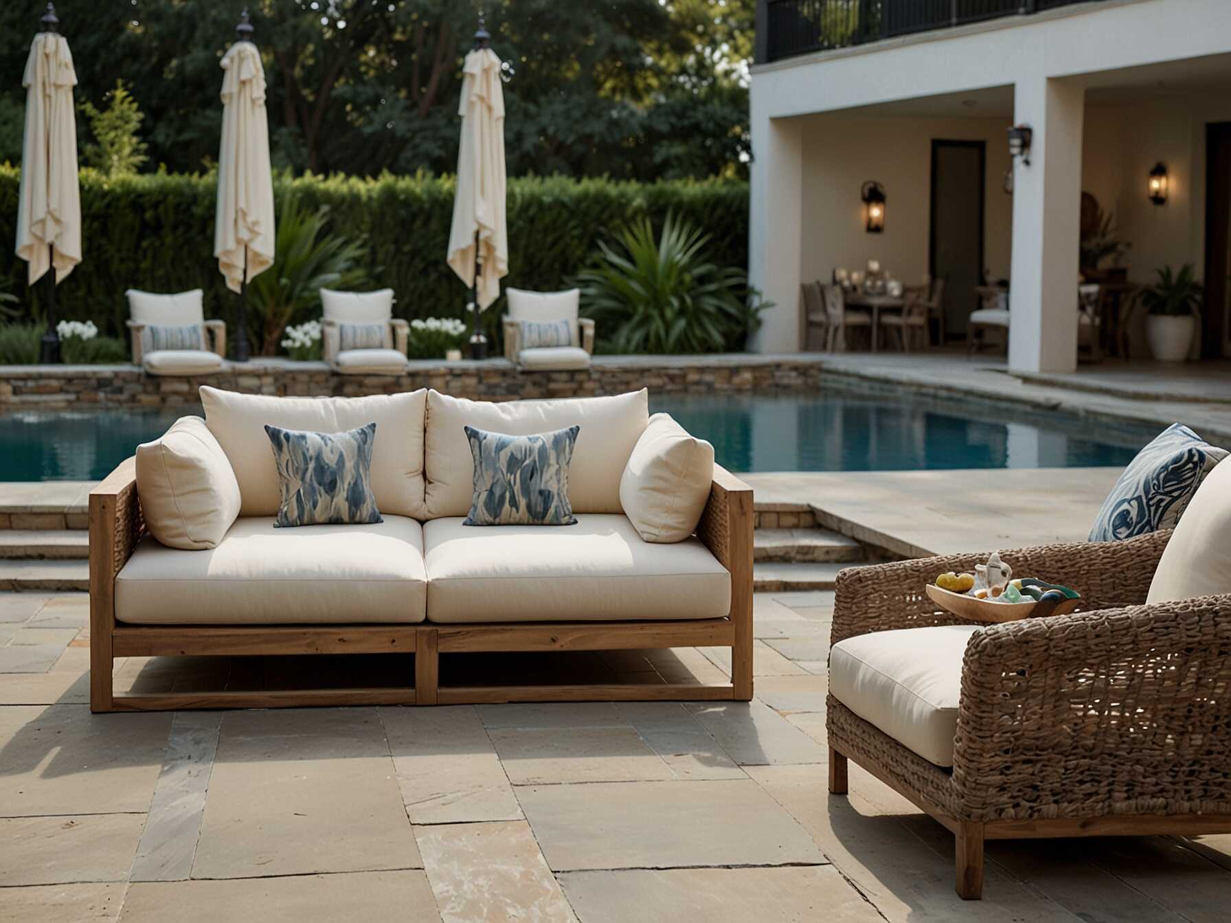 Comfortable seating makes your pool area inviting. Choose chairs, loungers, and tables that can withstand the weather. Arrange them in cozy groups for conversation.  Use cushions and pillows for extra comfort. Opt for water-resistant fabrics to make clean-up easy. Outdoor furniture comes in many styles to fit any look.  