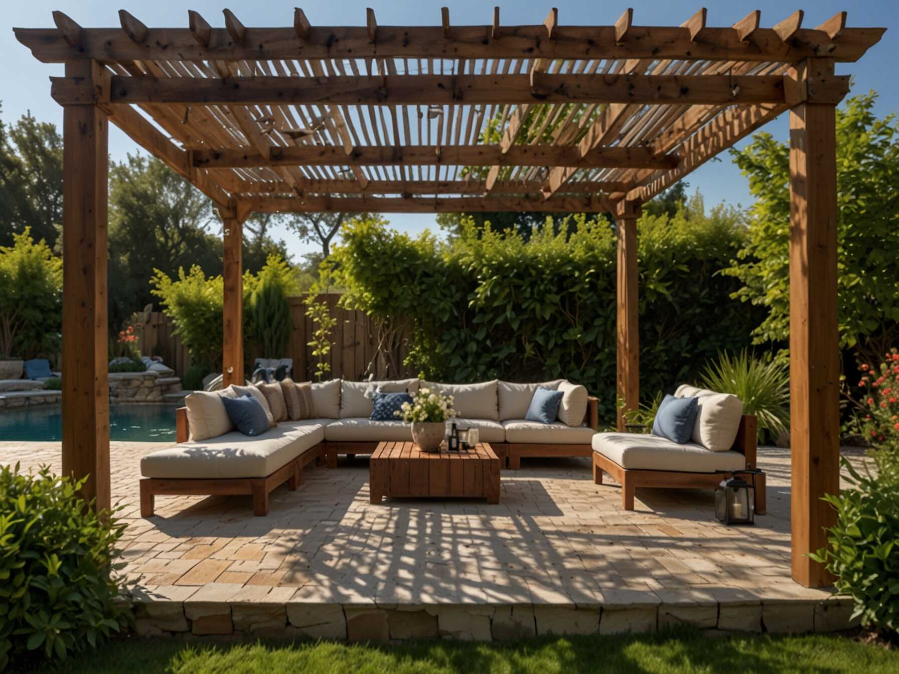 A pergola provides shade and creates a cozy space. You can grow climbing plants on it for a natural look. Use materials like wood or metal to match your style.  Place your pergola near the pool or over a seating area. Add some hanging lights or curtains for extra charm. This can also help block the sun on hot days.  