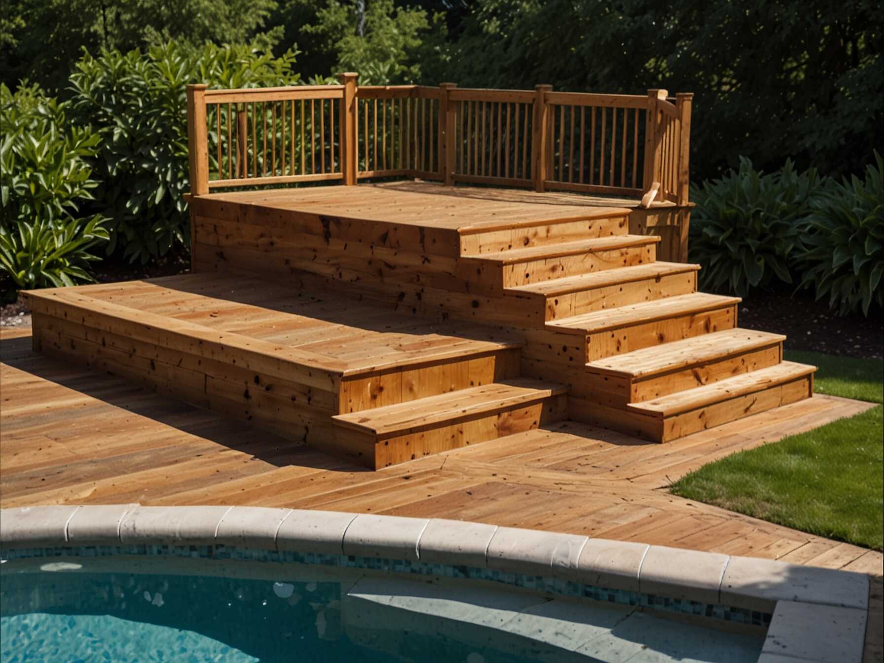 A raised deck adds height and interest to your pool area. Use wood or composite materials for durability. Place it near the pool for sunbathing or dining.  Add steps and railings for safety and style. You can also use the space under the deck for storage. A raised deck gives a new perspective of your pool.  