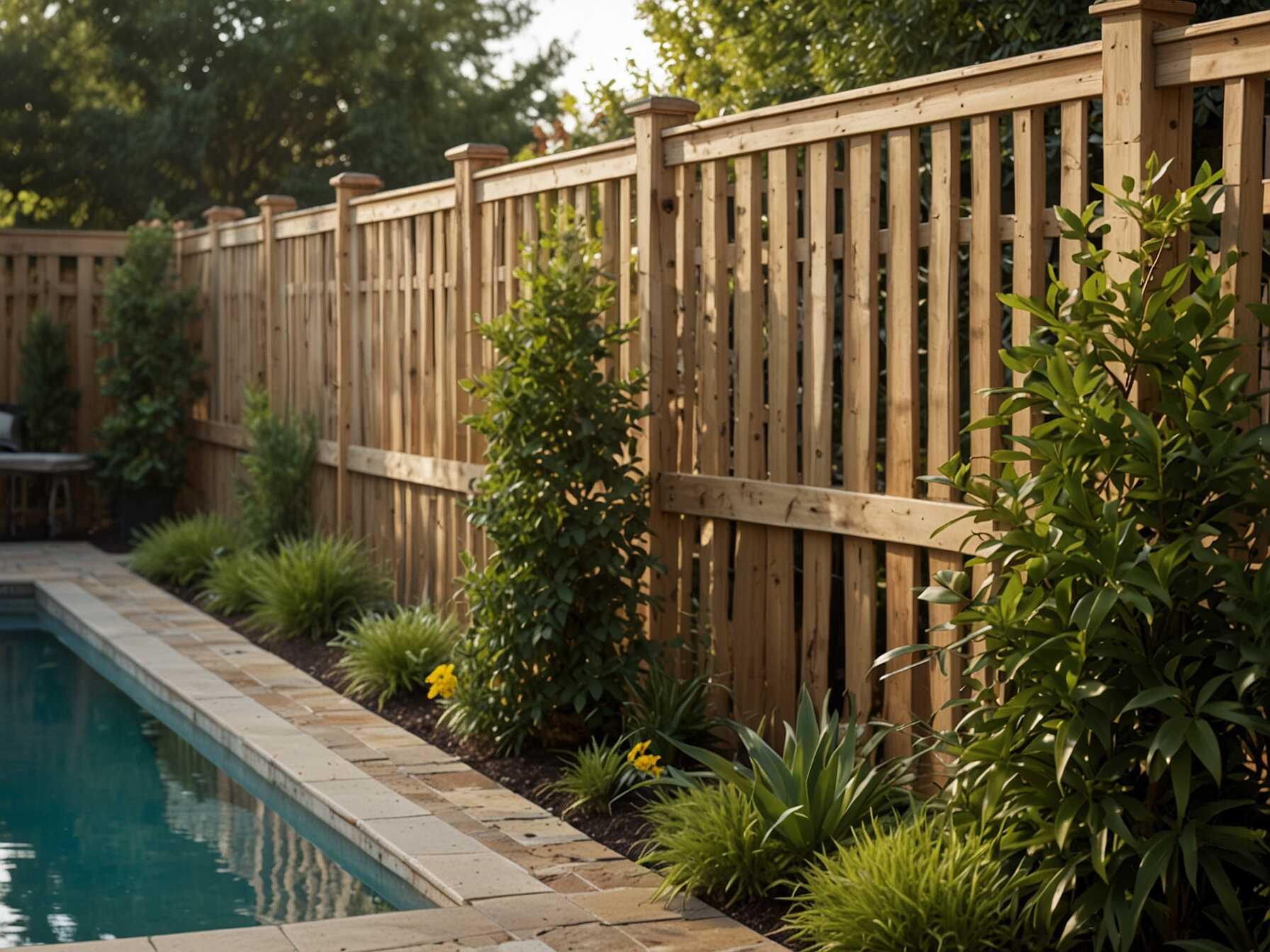 A privacy screen keeps your pool area private. Use lattice, trellis, or tall plants for this purpose. Choose materials that match your backyard.  Place the screen along fences or around seating areas. You can also use it to hide pool equipment. Add climbing plants to the screen for a green touch.  