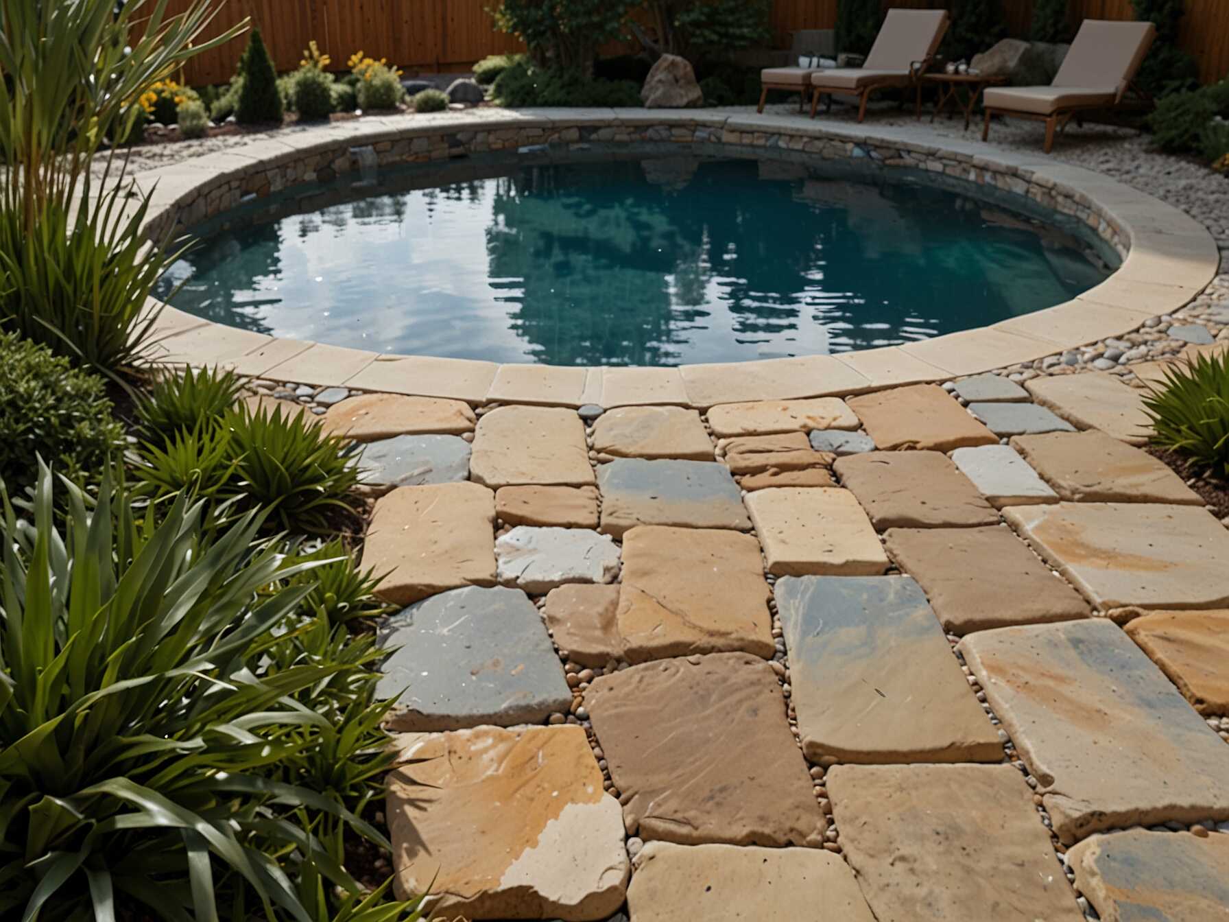 A stone pathway can make your pool area look elegant. Stones add a natural touch and are easy to walk on. Lay them from your house to the pool.  Choose flat, smooth stones to avoid slipping. You can also add small plants between the gaps. This will give the path a more natural feel.  