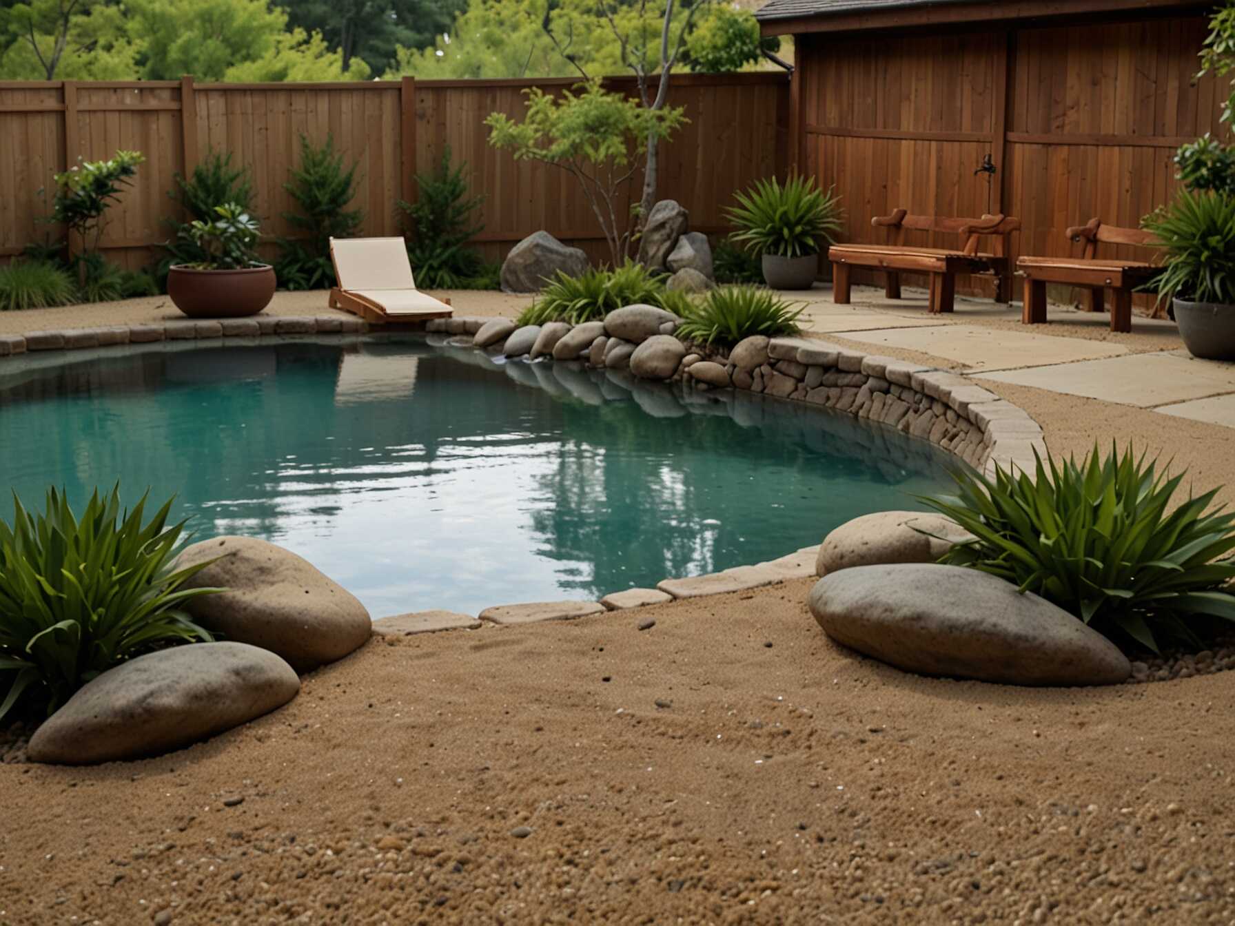 A Zen garden brings peace and simplicity to your pool area. Use sand, rocks, and a few plants to create the look. Rake the sand to make patterns.  Place your Zen garden in a corner or a quiet spot. It can serve as a relaxing area away from the pool. Add a bench or a small statue for extra charm.  