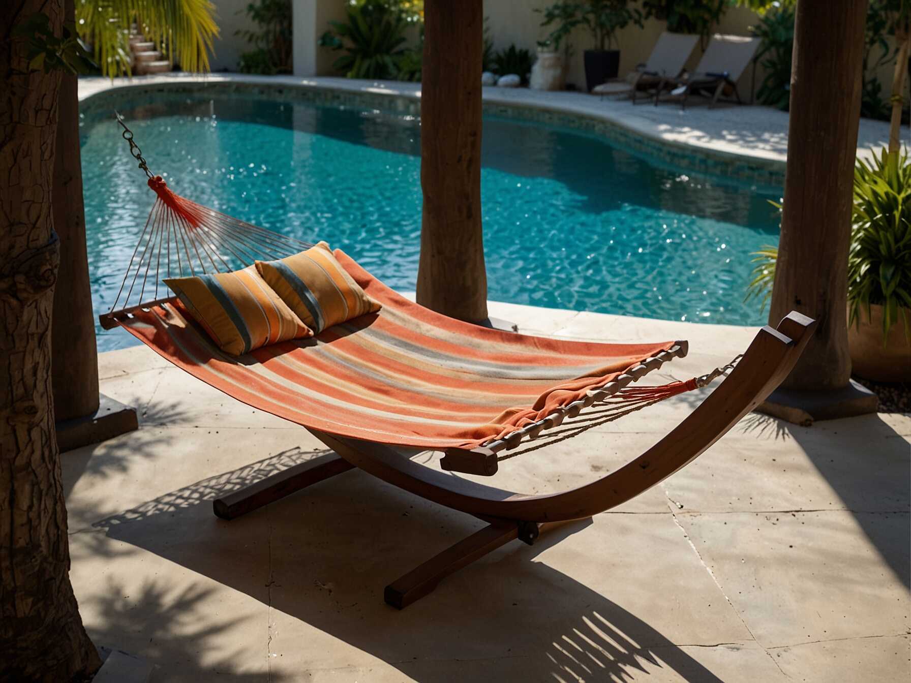 A hammock adds a fun and relaxing spot to your pool area. Choose a strong and durable material. Hang it between trees or from a sturdy stand.  Place your hammock in a shaded spot to stay cool. You can also add pillows and a blanket for extra comfort. This makes a perfect spot for napping or reading.  