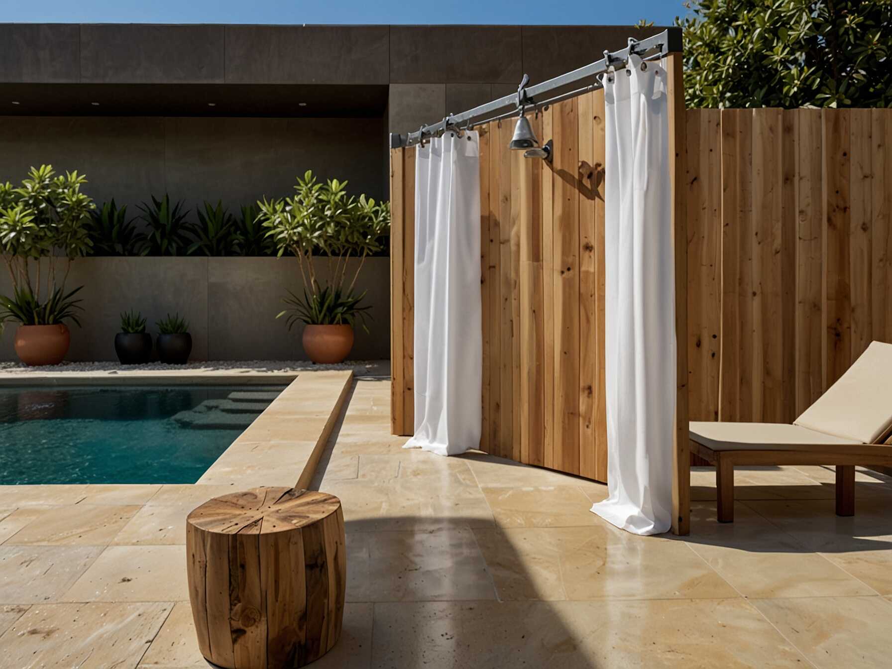 Outdoor showers are convenient and stylish. Use them to rinse off before entering the pool. Choose a simple design with water-resistant materials.  Place your shower near the pool but with some privacy. You can add a small fence or curtain. This adds a touch of luxury to your pool area.  