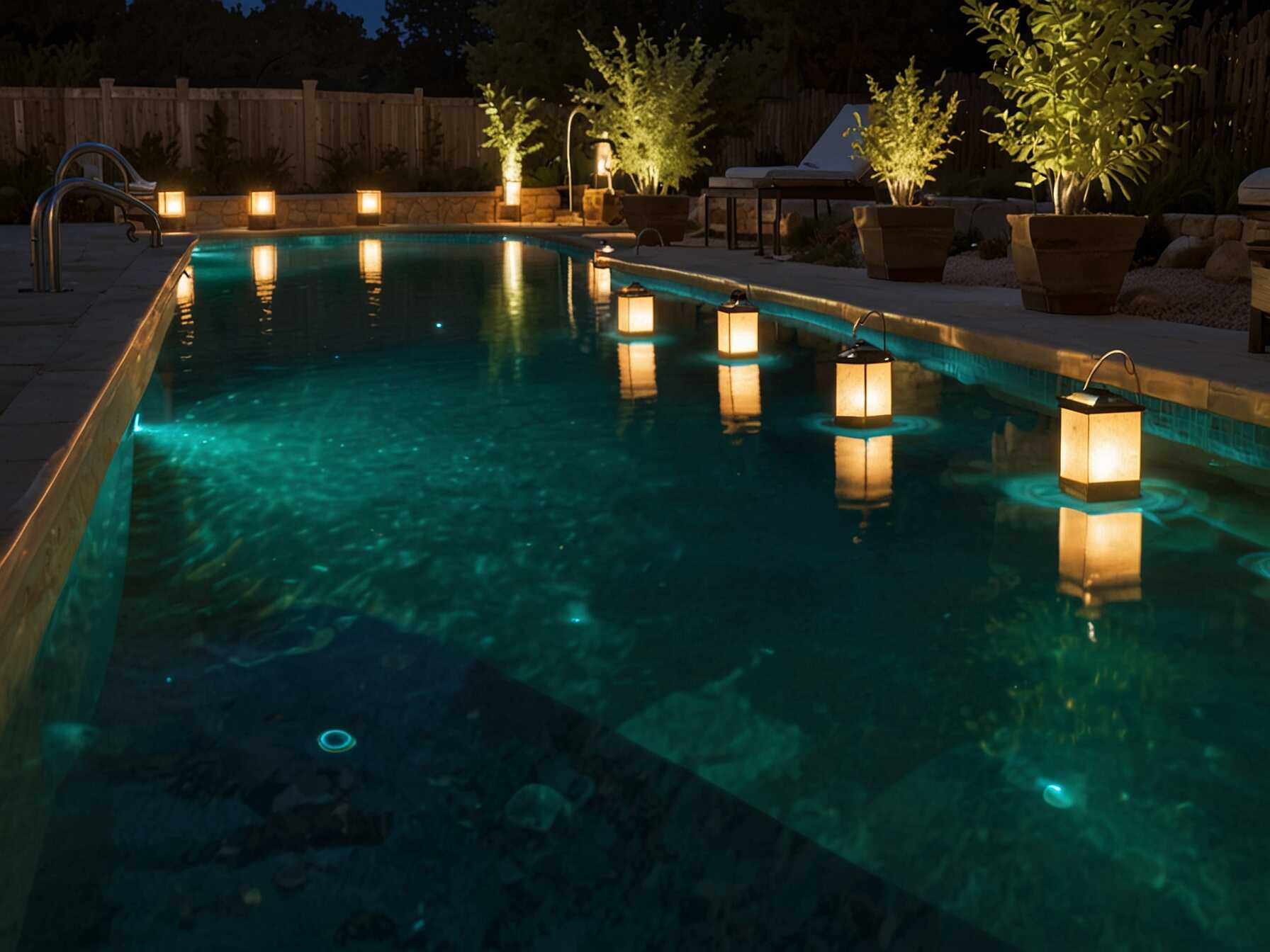 Lighting transforms your pool area into a magical spot at night. String lights or lanterns create a cozy atmosphere. You can place them on trees, fences, or around the pool.  Solar-powered lights are easy to install and eco-friendly. Underwater lights add a fun glow to the pool. Choose waterproof options to ensure safety.  