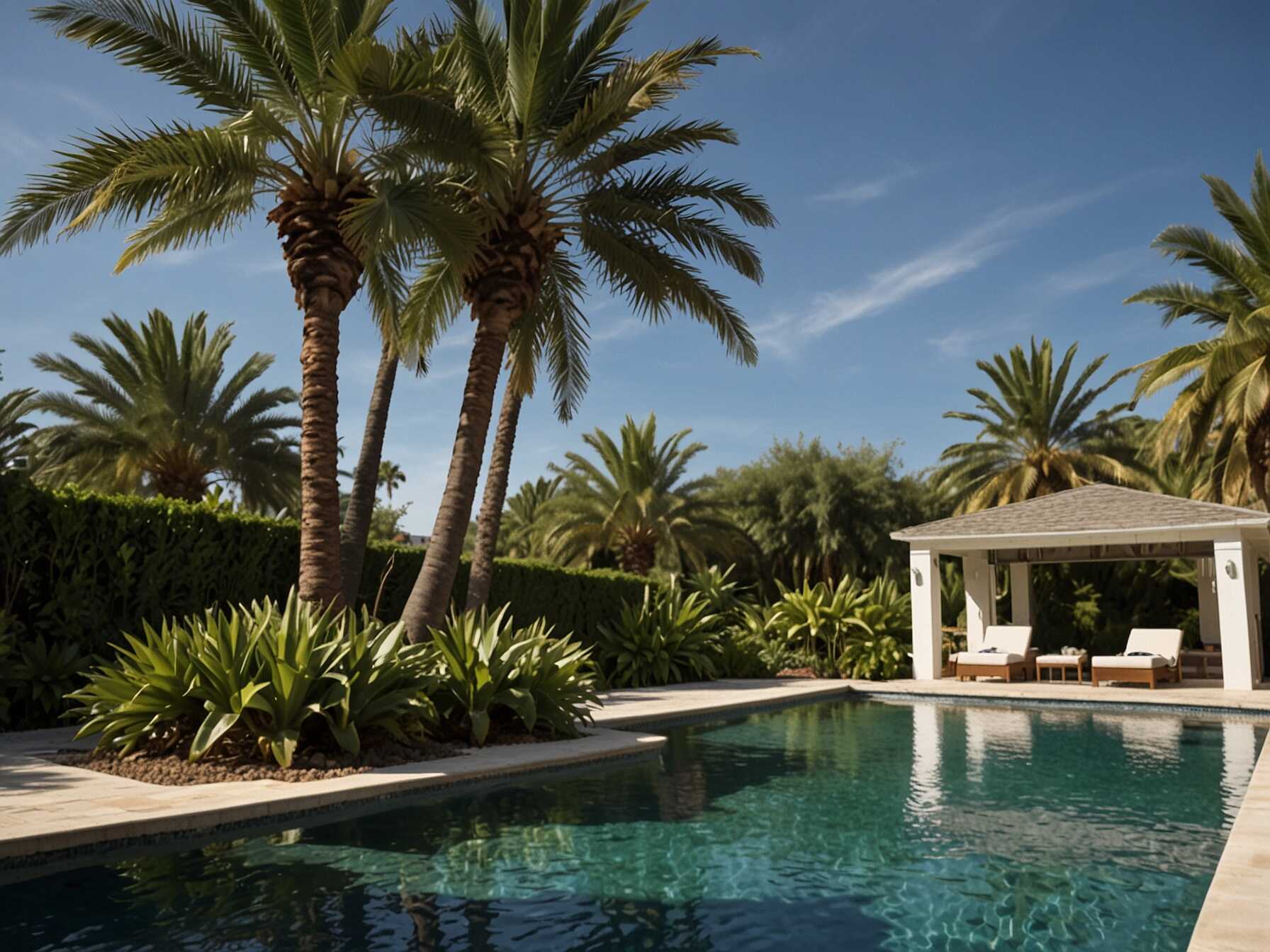 Palm trees give a tropical vibe to your pool area. They are tall and elegant, perfect for a resort feel. Plant them in corners or along borders.  Choose varieties that do well in your climate. Make sure they have enough space to grow. Palm trees need little maintenance but regular watering.  