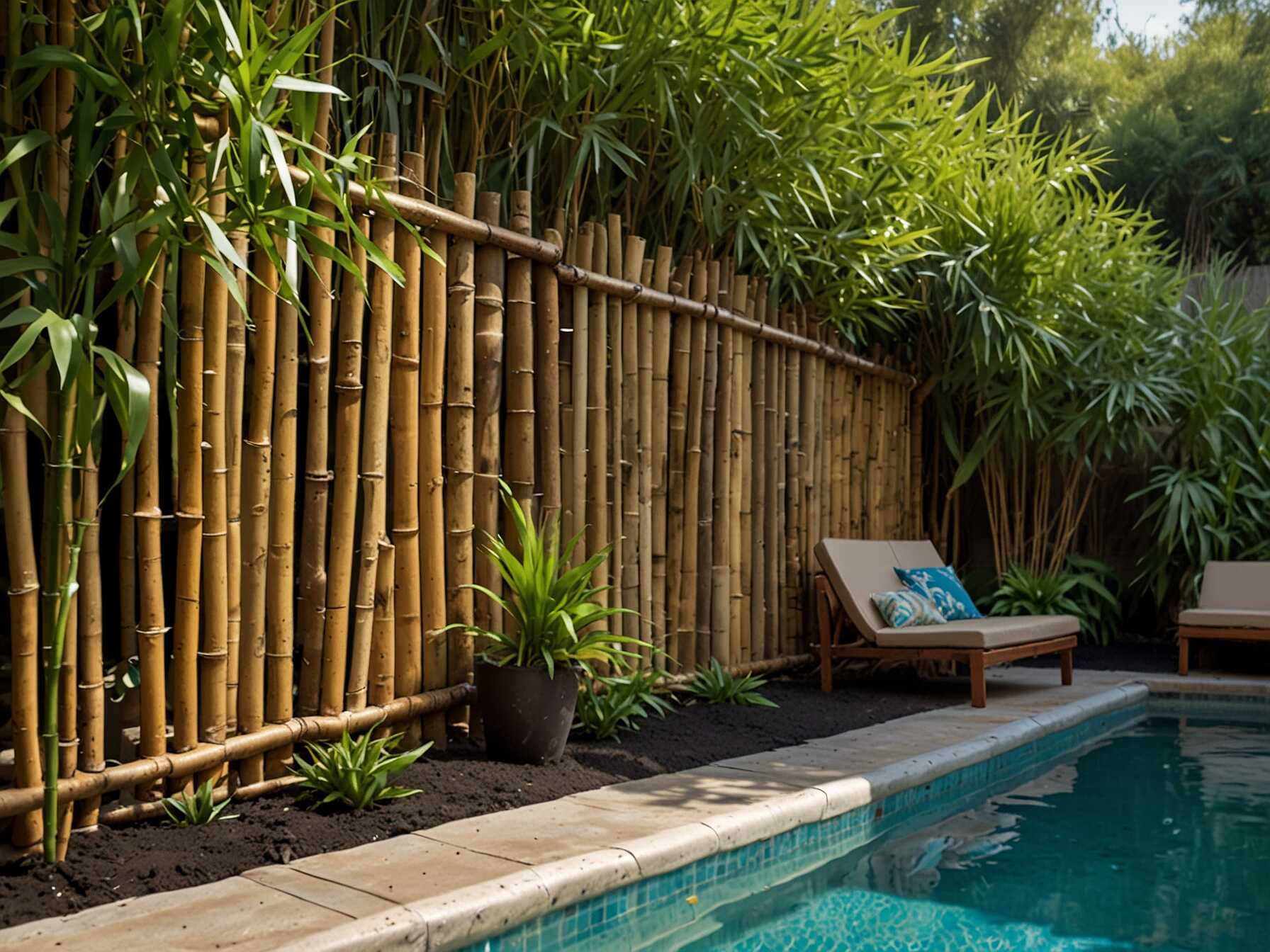 Bamboo fencing gives a tropical feel to your pool area. It’s eco-friendly and easy to install. Use it to create privacy or to section off areas.  You can paint or stain bamboo to match your décor. Place it along existing fences or walls. Bamboo also works well to hide pool equipment.  