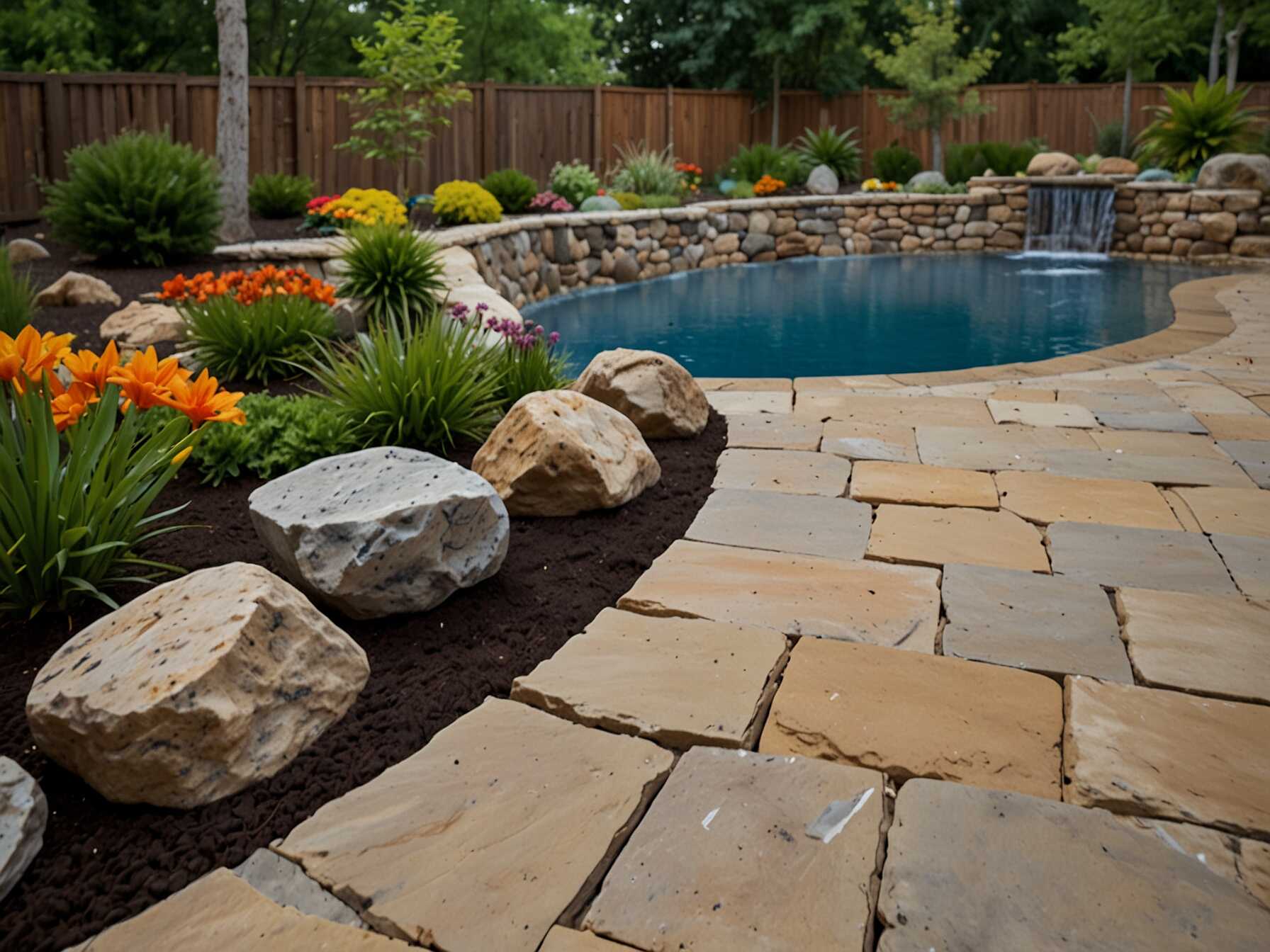 Natural rocks around your pool add texture and interest. They can line flower beds or create borders. Choose different sizes and shapes for a unique look.  Painted rocks can give a splash of color. You can also create a rock garden with different plants. Arrange the rocks to make paths or small walls.  