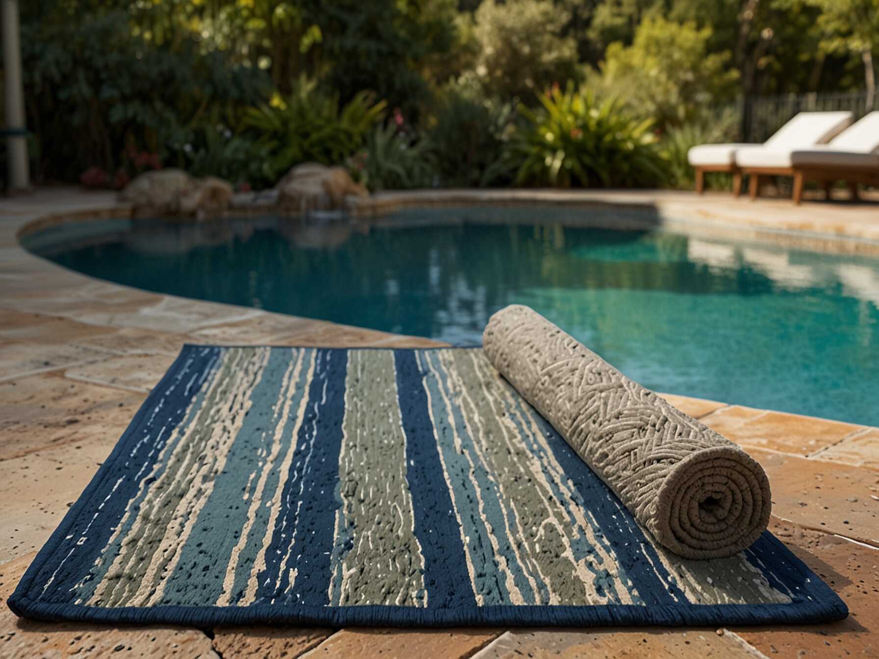 Outdoor rugs add color and comfort to your pool area. They can define seating spaces and prevent slipping. Choose rugs that are water-resistant and easy to clean.  Place rugs near lounge chairs or dining areas. You can roll them up and store them during the off-season. Rugs come in many styles and colors to fit any décor.  