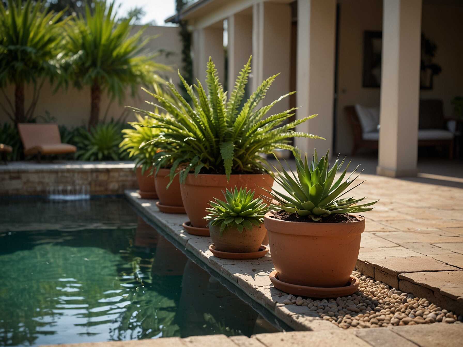 Potted plants are perfect for adding greenery without much effort. Choose large pots to make a big impact. Place them around the pool, patio, or deck.  Mix different types of plants for variety. Succulents, ferns, and palms are great choices. Move the pots easily to change the look anytime.  