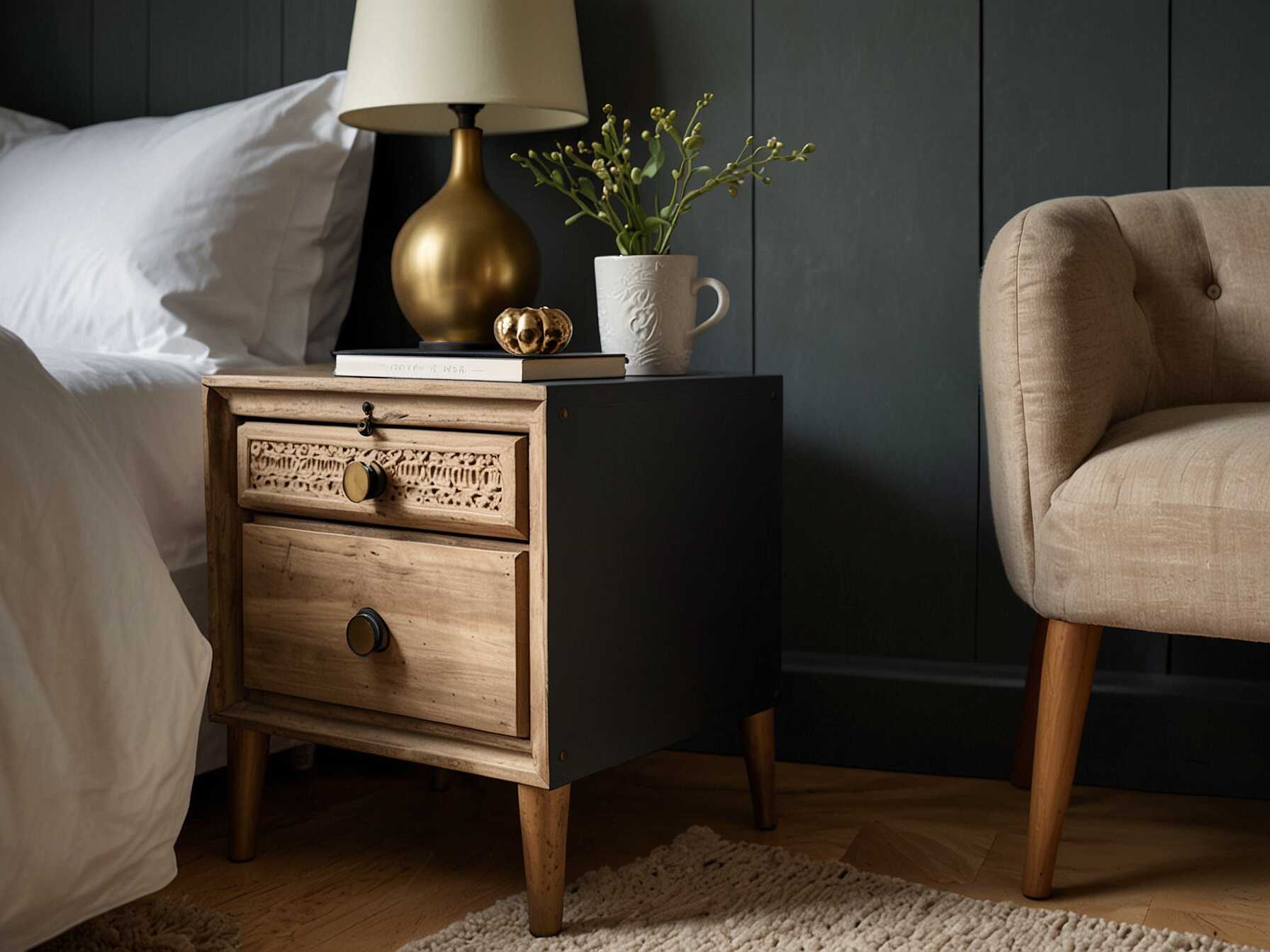 Choose unique bedside tables to add character to your room. Look for small pieces with interesting details or shapes. They don’t have to match perfectly.  You can even use non-traditional items, like a stack of vintage suitcases or a wooden stool. These options add a quirky, boho touch.  A bedside table is also practical. It gives you a place to keep essentials within reach. Just make sure it fits the space and complements the rest of your decor.  