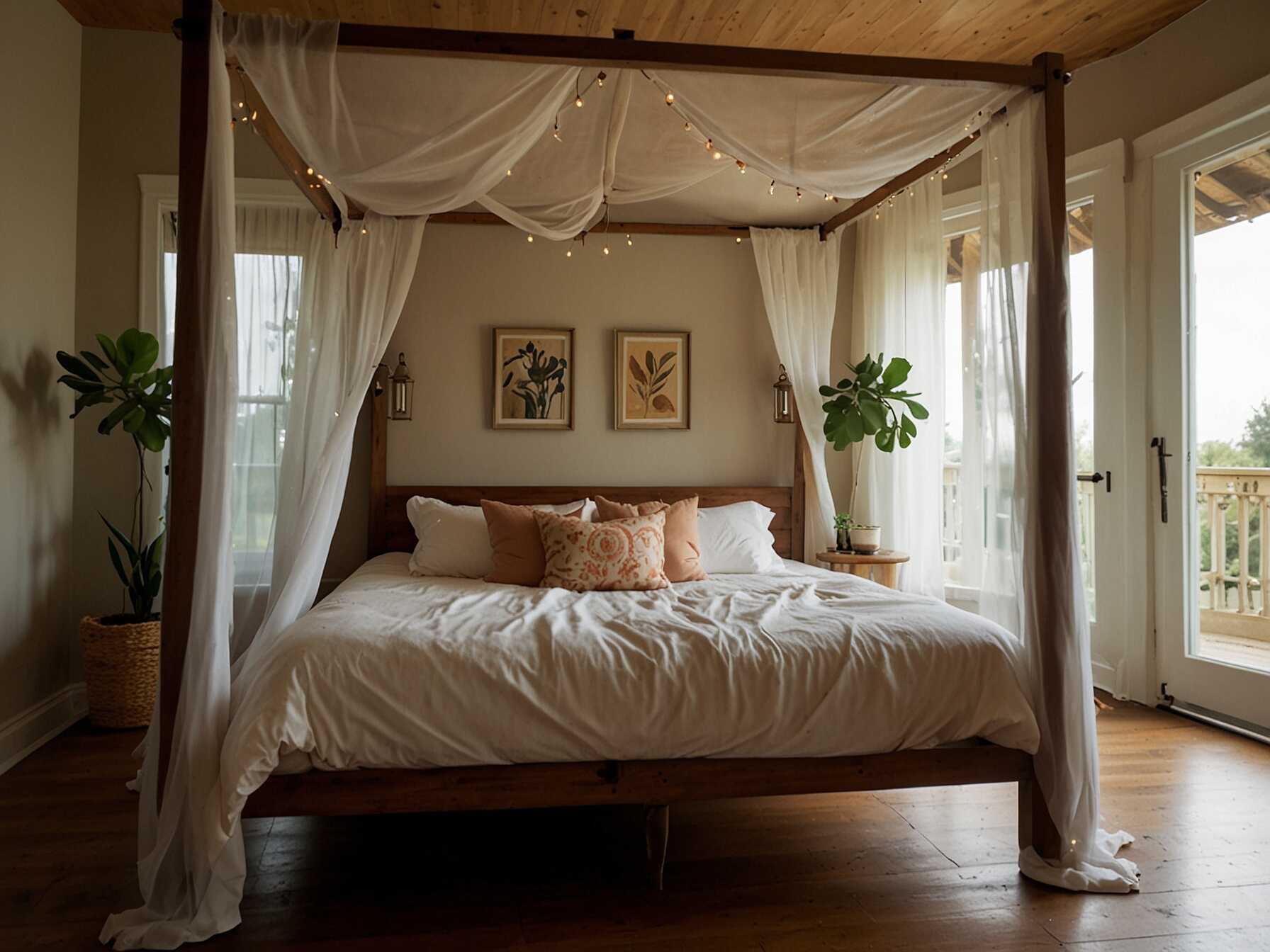 A canopy bed can turn your room into a cozy retreat. You can buy a bed with a built-in canopy or create your own. Hang fabric from the ceiling to drape around your bed.  Choose light and airy fabrics for a dreamy effect. This makes your bed feel more enclosed and special, almost like a little hideaway.  A canopy bed adds height to the room, making it feel grander. Plus, it’s a great place to add more boho decor, like hanging plants or fairy lights.  