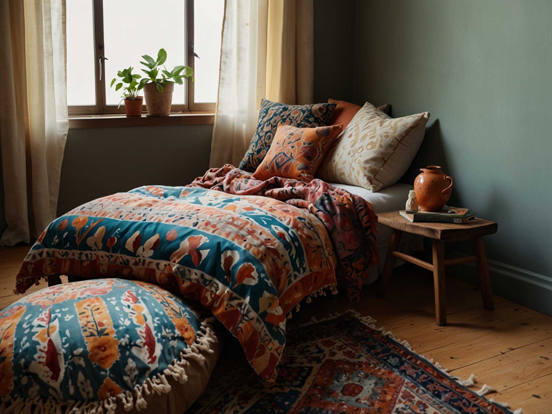 Even in a small bedroom, you can add a cozy seating area. A small armchair or a floor cushion can do the trick. This gives you a place to relax that's not your bed.  Choose seats with colorful or patterned fabric to enhance the boho look. Pile on some cushions or a throw to make it extra comfy.  This seating area can be your little sanctuary. Use it to read, meditate, or simply chill out. It's another way to make your room feel like a special retreat.  