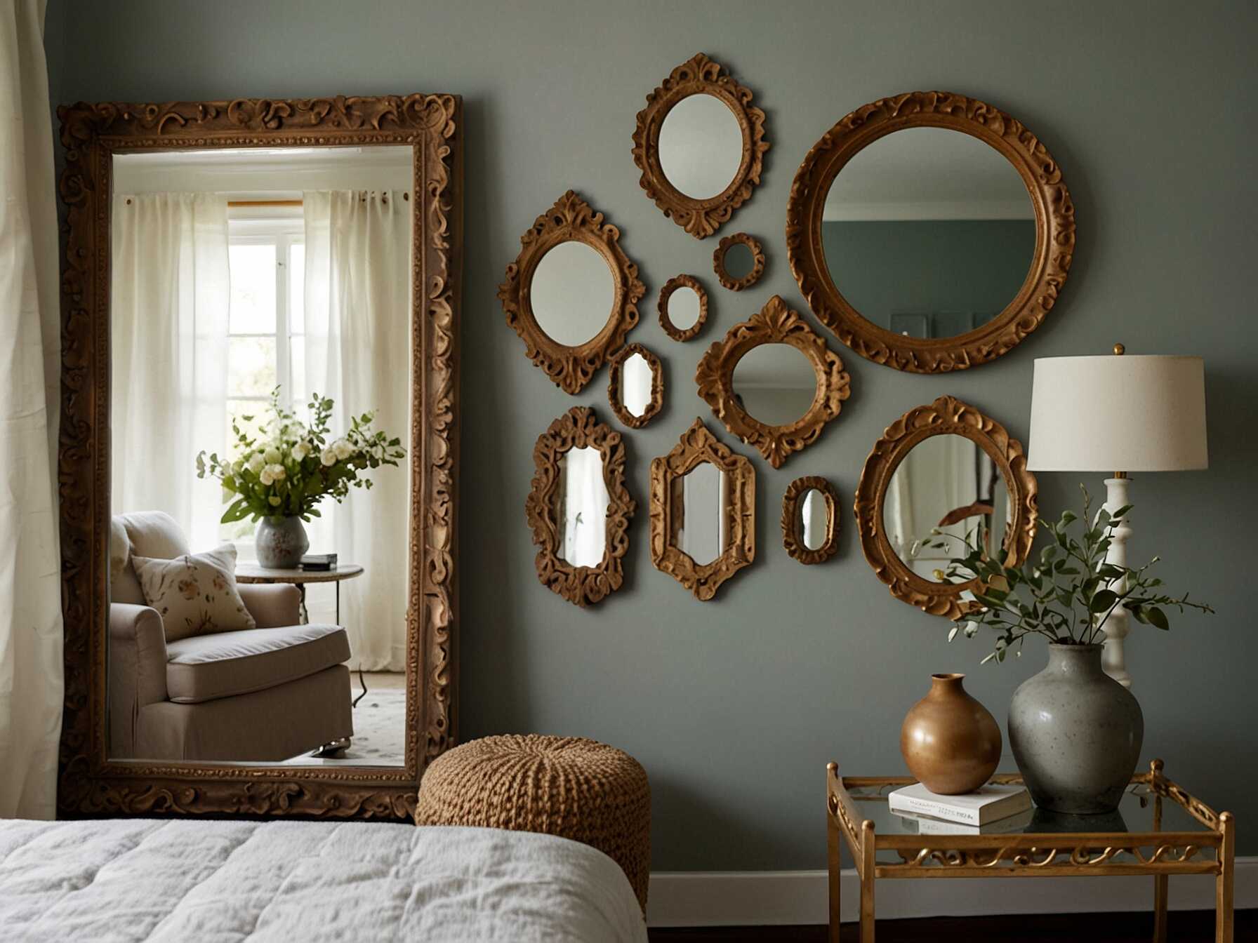 Mirrors can make a small room feel larger and brighter. Choose decorative mirrors to add some style. Look for mirrors with vintage frames or unique shapes.  You can place mirrors above your dresser, next to your bed, or even on your closet doors. They not only add beauty but also make the room feel more open.  A collection of small mirrors can also look great. Arrange them in a pattern on your wall. This adds visual interest and fits well with a boho aesthetic.  