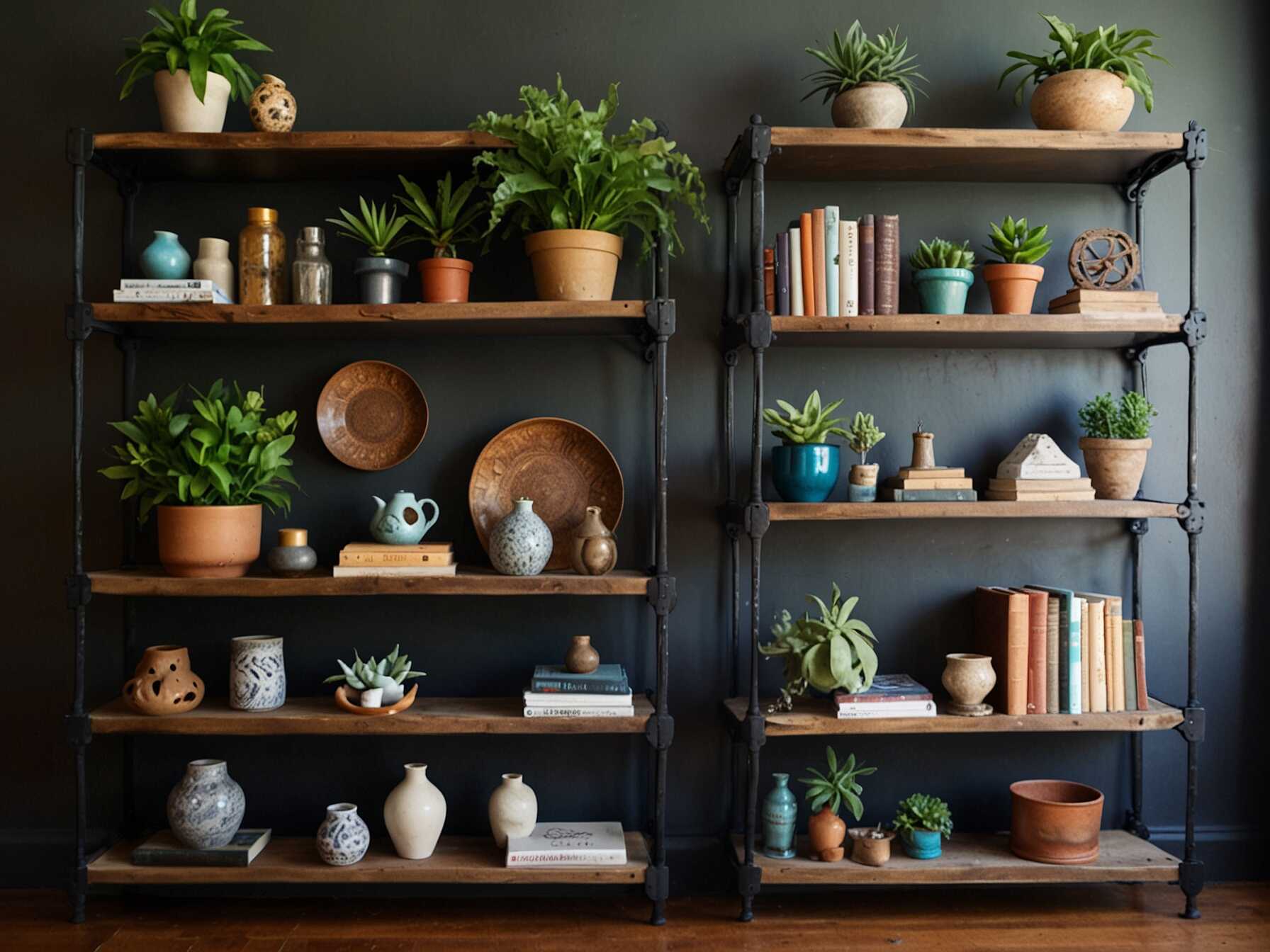 Set up eclectic shelves to display your treasures. Mix books, plants, and decorative items. Each shelf can tell its own little story.  Use shelves with interesting designs or materials. This makes them a focal point in your room.  Organize items in a way that feels balanced but not too perfect. The eclectic mix fits well with the boho style.  