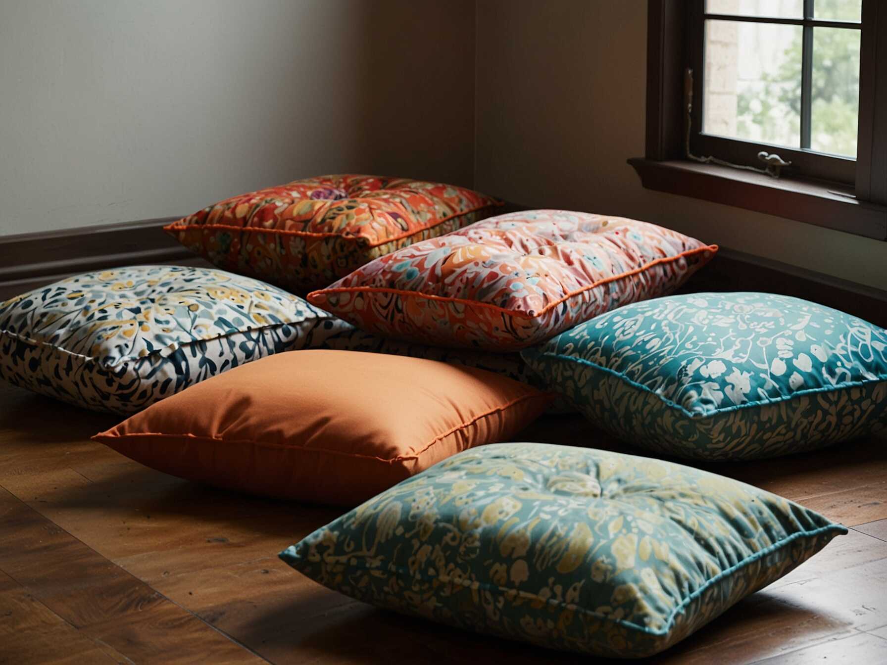 Floor cushions add a comfy, laid-back vibe to your room. They’re perfect for lounging or creating a reading nook. Choose cushions in colorful, patterned fabrics.  Floor cushions are also easy to move around. You can change up your space whenever you want.  They add extra seating for guests too. Your room feels more relaxed and welcoming with these cozy additions.  