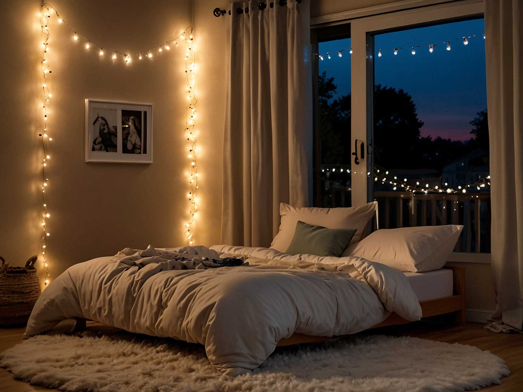 Add some unique lighting to make your room feel magical. Use fairy lights or lanterns to light up your space. Hang them around your bed or across the ceiling.  These lights create a warm and inviting glow. They can make your room feel cozy and dreamy. You can also use string lights to highlight specific areas, like your favorite reading corner.  Pick lights with interesting details. For example, lanterns made of natural materials or fairy lights in unusual shapes. This adds to the boho charm.  