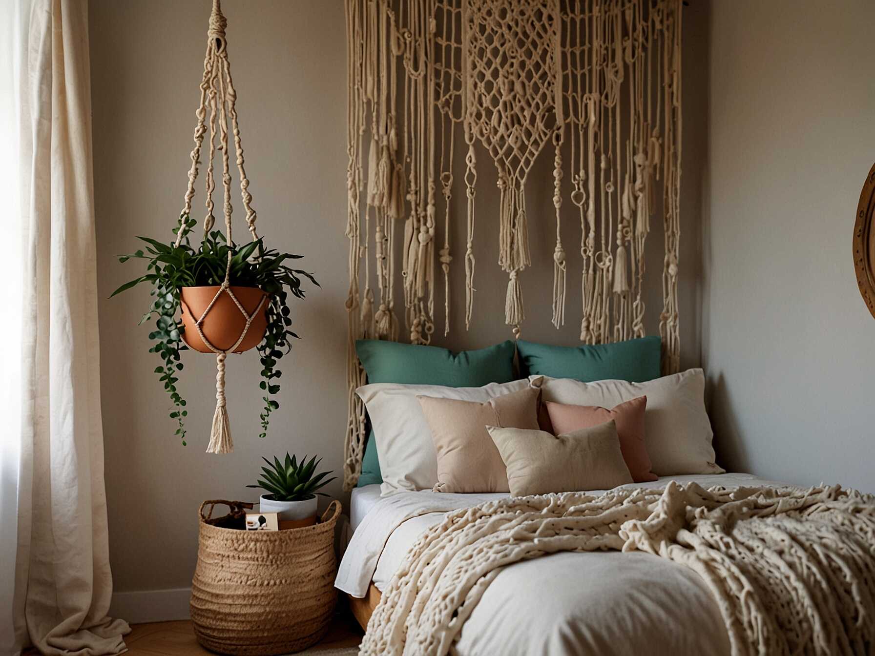 Add a touch of handmade beauty with macramé. Hang a macramé wall hanging above your bed or in a special corner. These pieces add texture and a boho vibe to your room.  You can buy macramé items or make your own. They’re usually made from natural fibers, which fit well with boho decor.  Macramé can also be functional. Use macramé plant hangers to display your favorite plants. This adds more greenery without taking up floor space.  