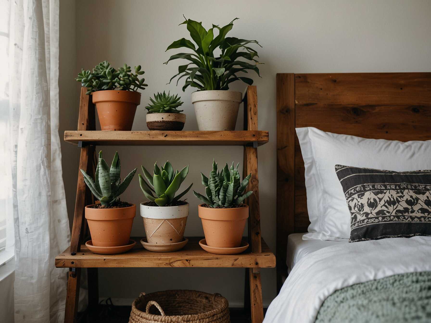 Plants can make a big difference in your small boho bedroom. They bring life and color into the space. Even a couple of small potted plants will add a fresh and natural element.  You can place plants on shelves, hang them from the ceiling, or place them on your bedside table. If you don't have a green thumb, opt for low-maintenance plants like succulents or snake plants.  Plants also improve air quality. So not only do they look good, but they're also good for you. Plus, the greenery can make your room feel more peaceful.  