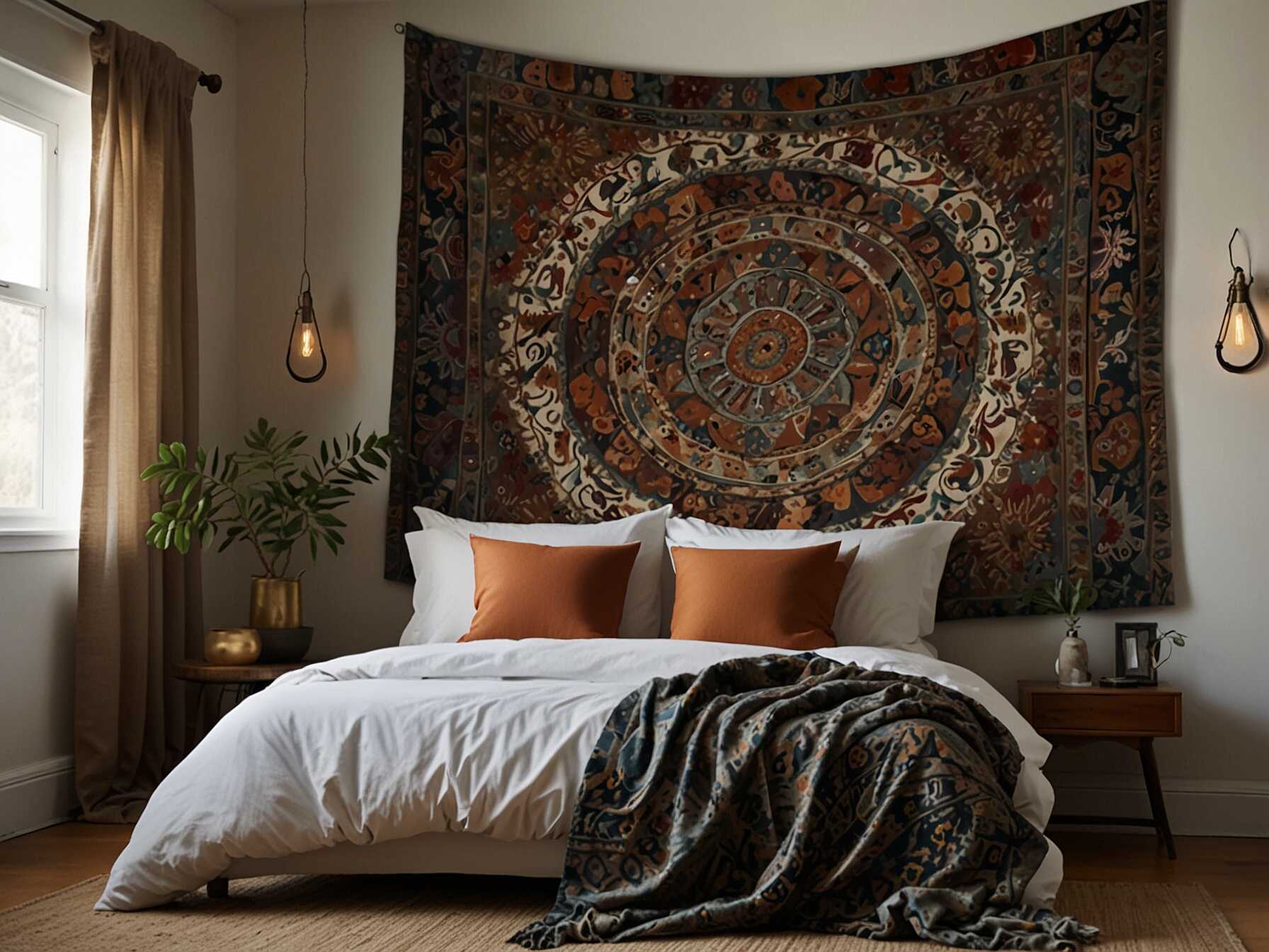 Switch regular wall art for something more boho, like tapestry. Tapestries can fill up walls with color and texture. They often feature interesting patterns and designs that fit right into a boho bedroom.  Hang a large tapestry behind your bed as a stunning focal point. This can make the room look cozier and more put together. It's an easy way to add a boho touch without taking up any physical space.  You can also layer smaller tapestries for a more personalized look. This shows off your unique style and makes the space truly yours.  